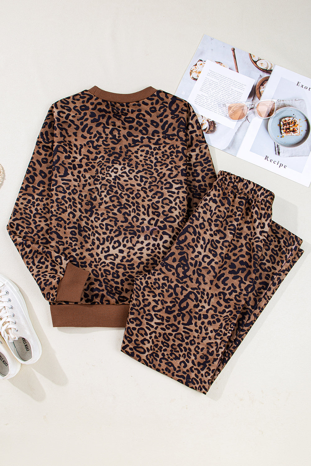 Women's Coffee Leopard Print Contrast Trim Long-Sleeve Top & Pants Set