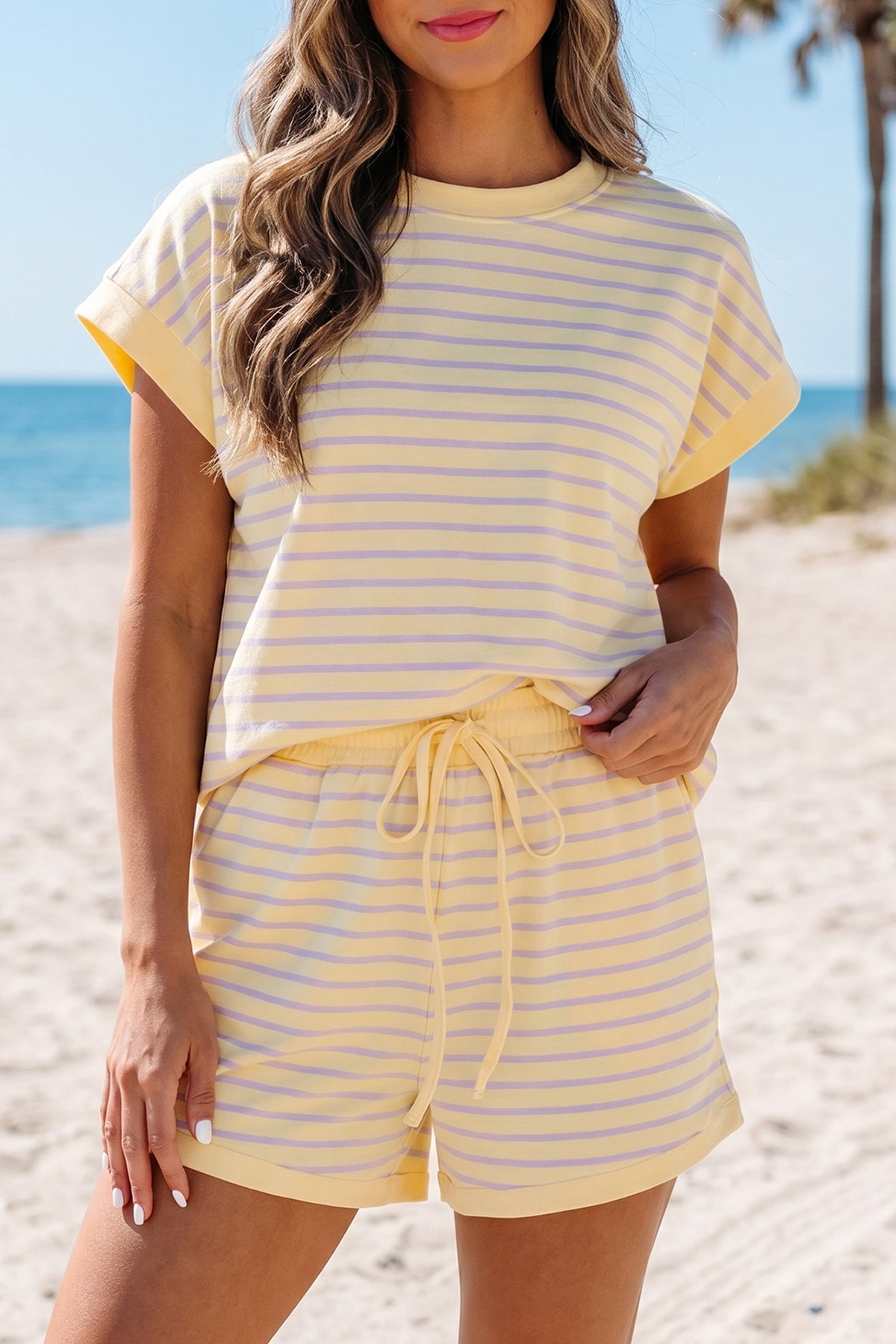 Women's Yellow Stripe Relaxed Tee Shorts Two-Piece Outfit Set