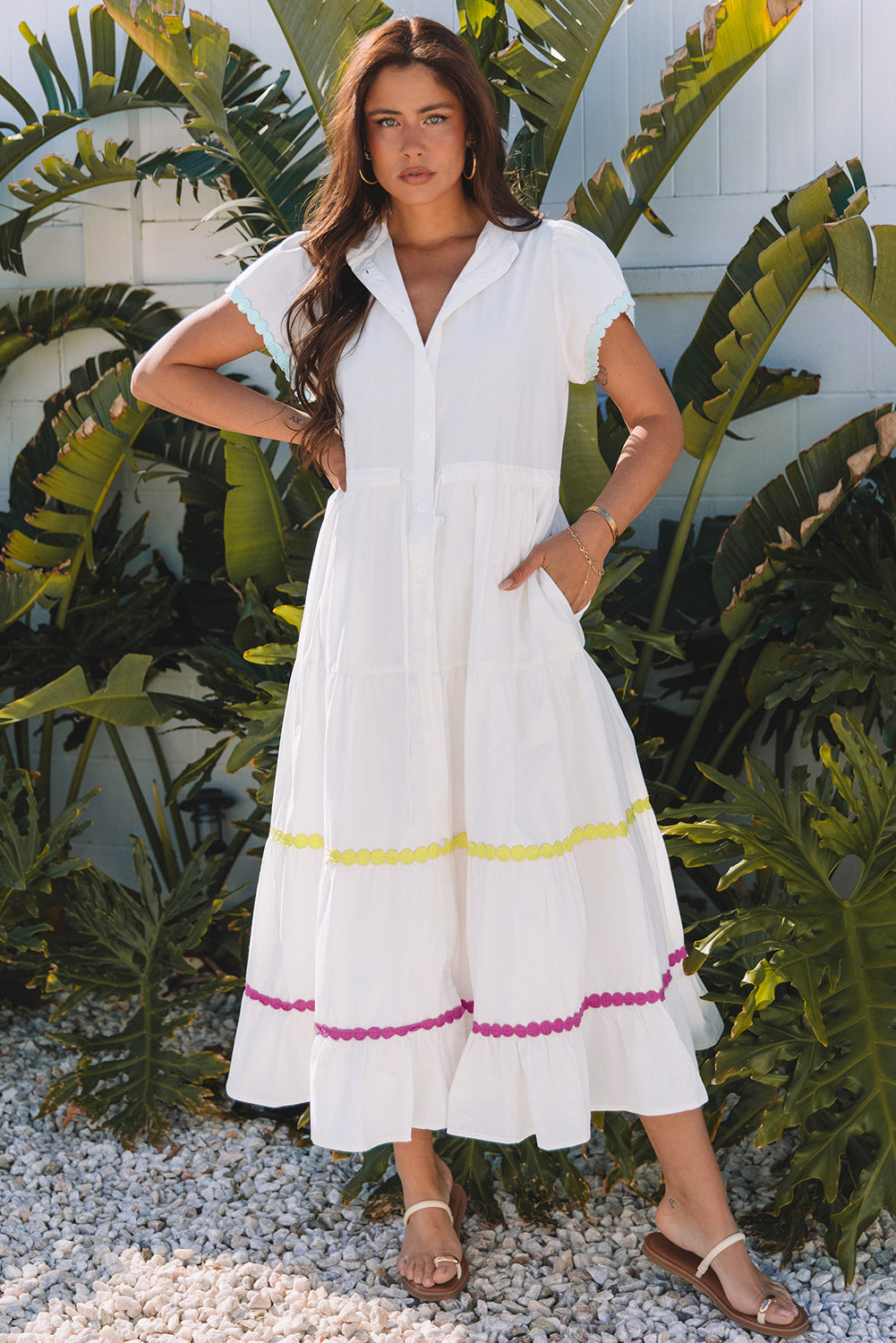 White Colorblock Rickrack Short Sleeve Drawstring Waist Long Dress