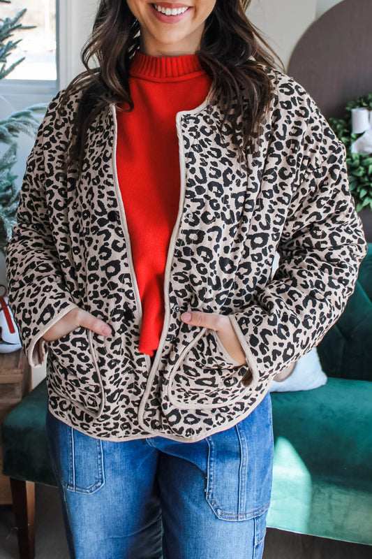 Khaki Leopard Print Patch Pockets Binding Tape Long Sleeve Jacket