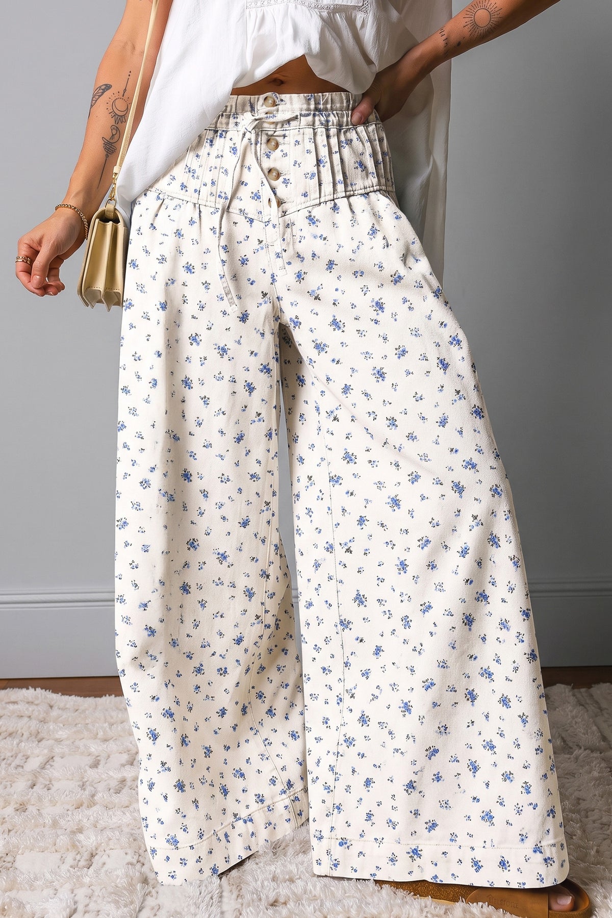 White Floral Pleated High Waist Wide Leg Jeans