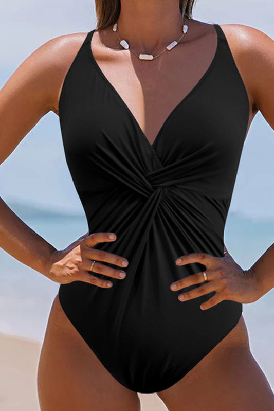 Black Twist Ruched Backless One-Piece