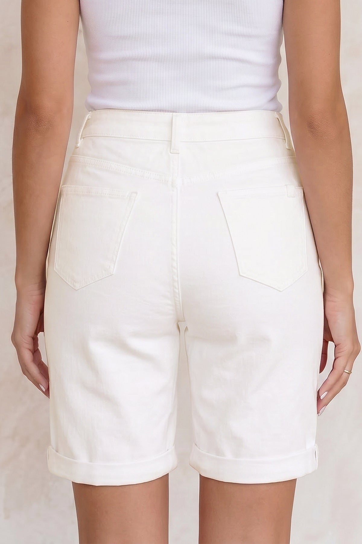 White Solid Rolled Cuffs Denim Bermuda Shorts