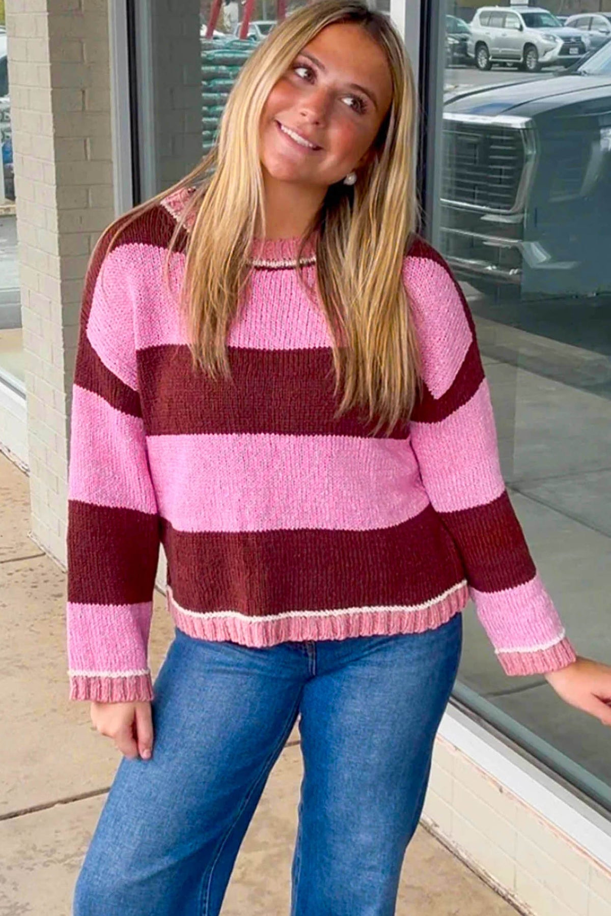 Pink Stripe Striped Drop Shoulder Long Sleeve Pullover Knit Sweater