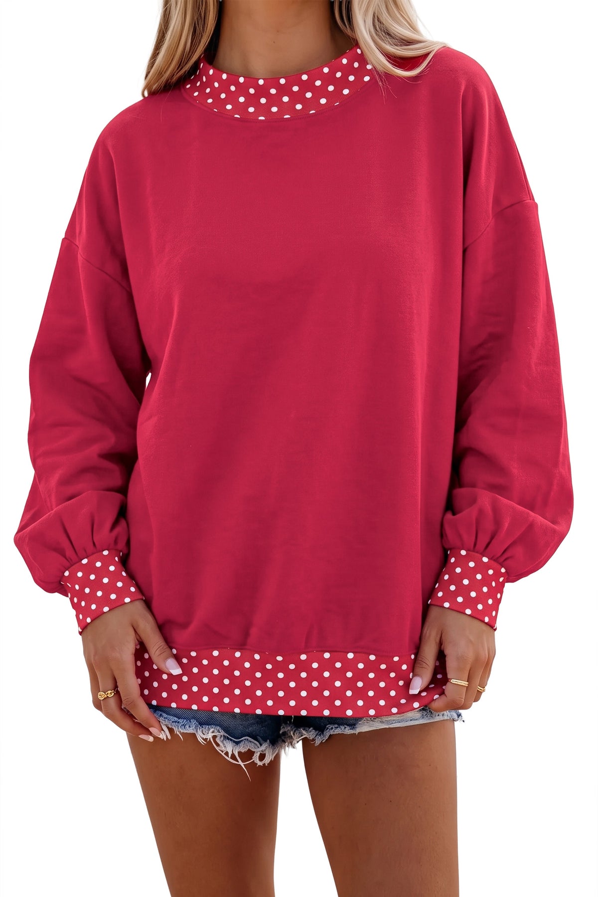 Red Dahlia Polka Dot Contrast Trim Oversized Sweatshirt