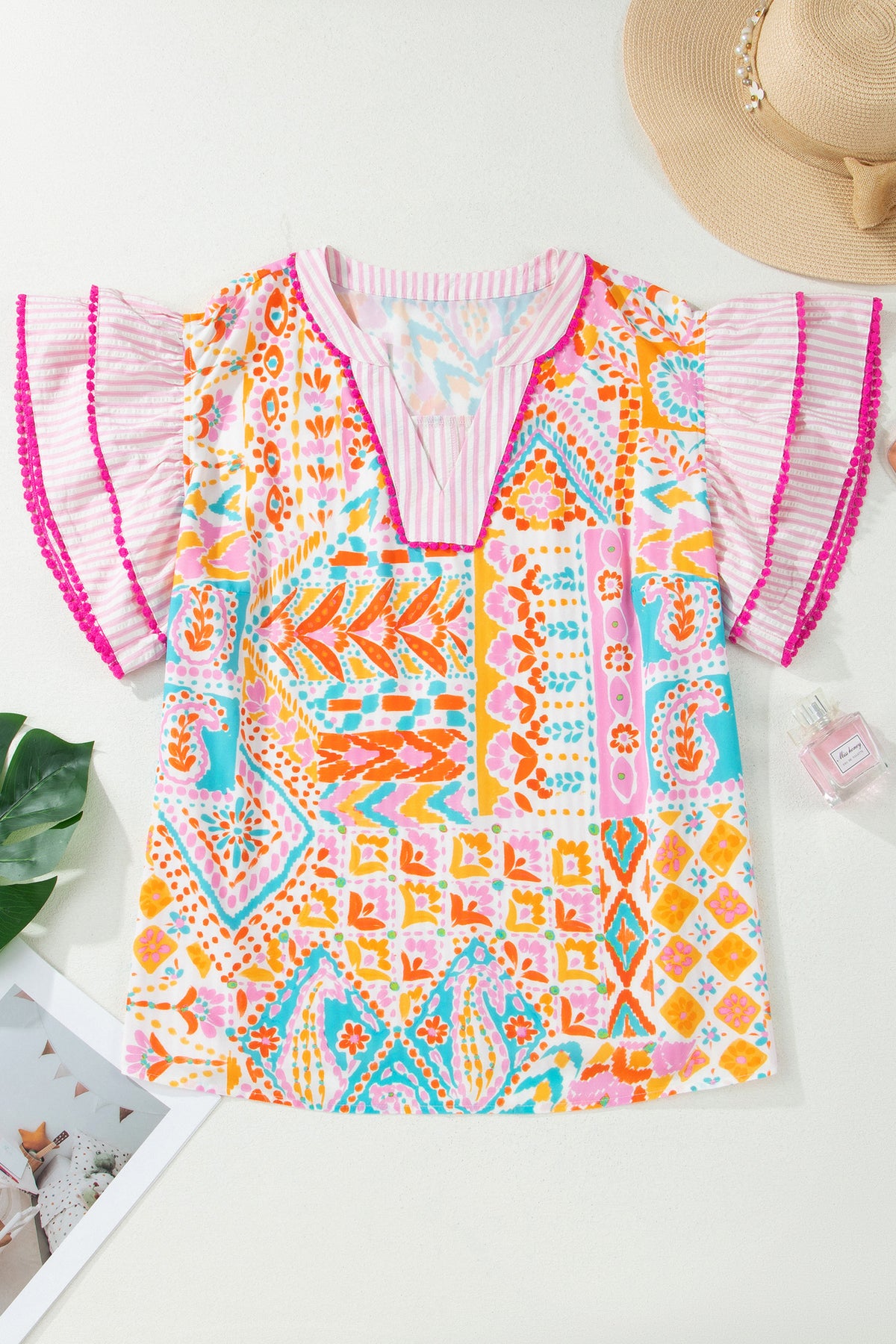 Rose Plus Size Geometric Print Contrast Trim Striped V-Neck Blouse