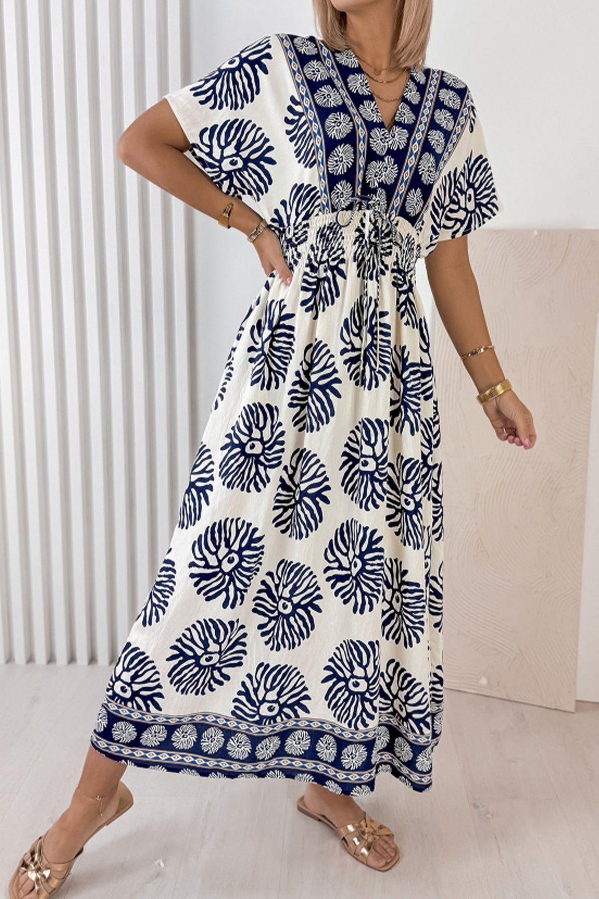 Blue Floral V-Neck Maxi Dress
