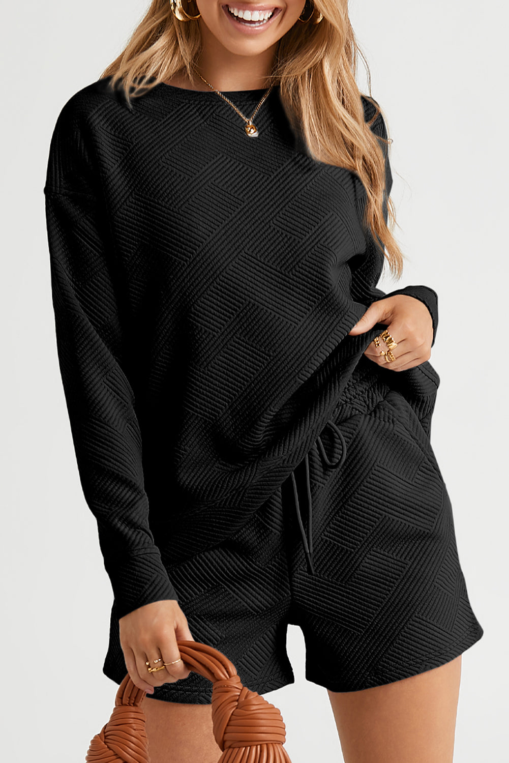 Women's Black Textured Long-Sleeve Top & Shorts Set