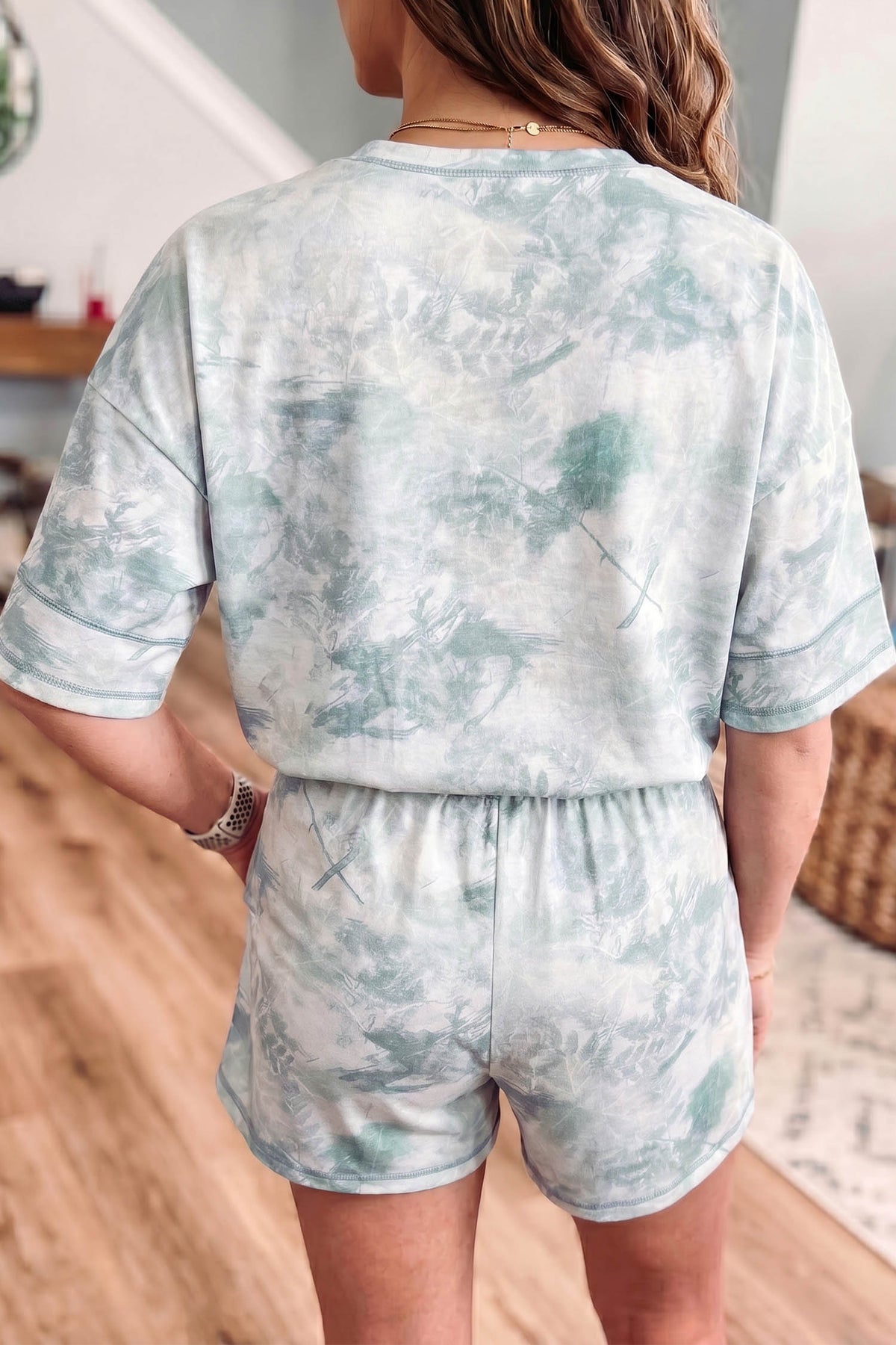 Women's Green Casual Camouflage Short-Sleeve Elastic Waist Two-Piece Set