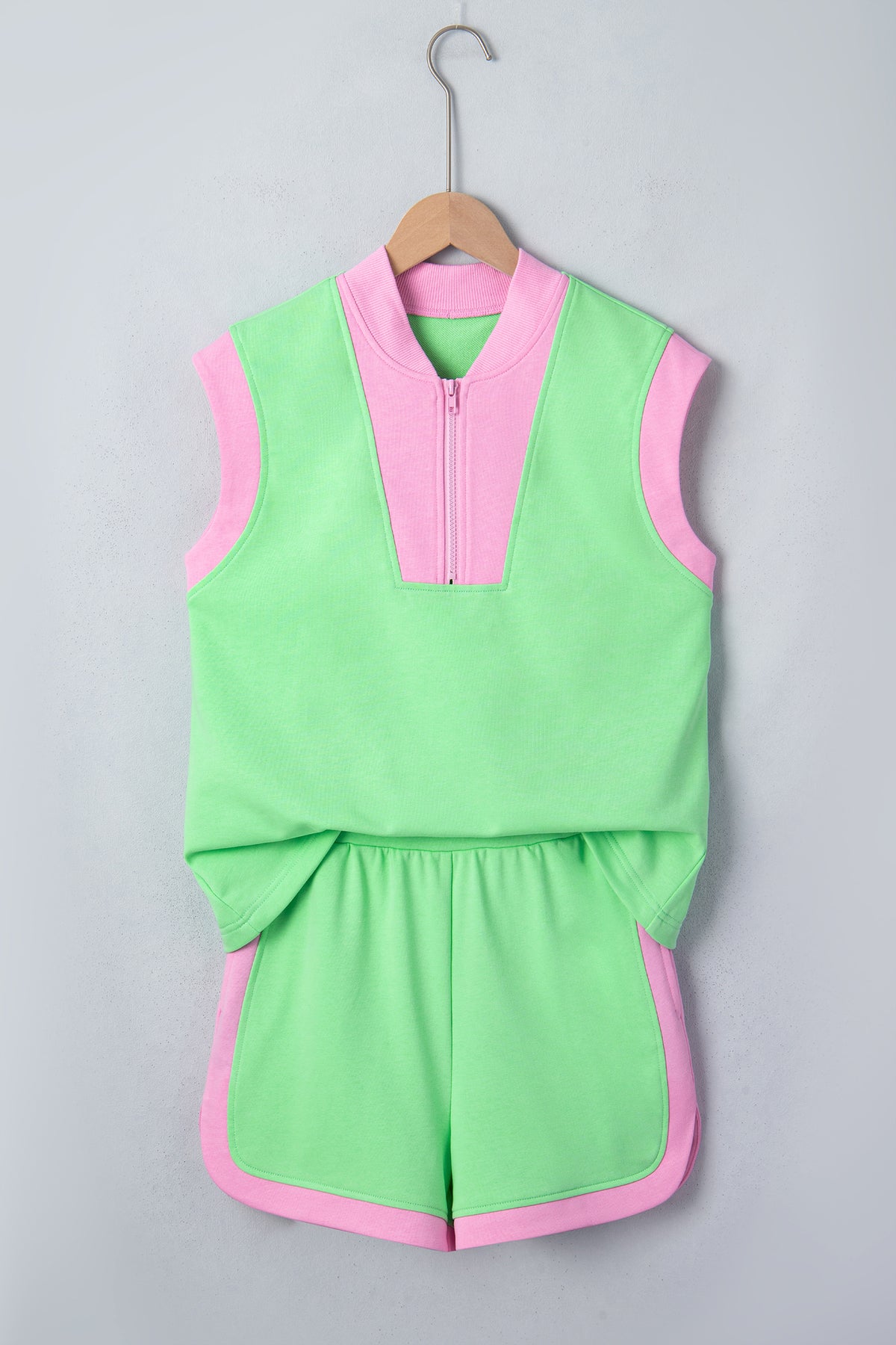 Women's Pitaya Pink Color Block Accent Half Zip Top Athleisure Shorts Set