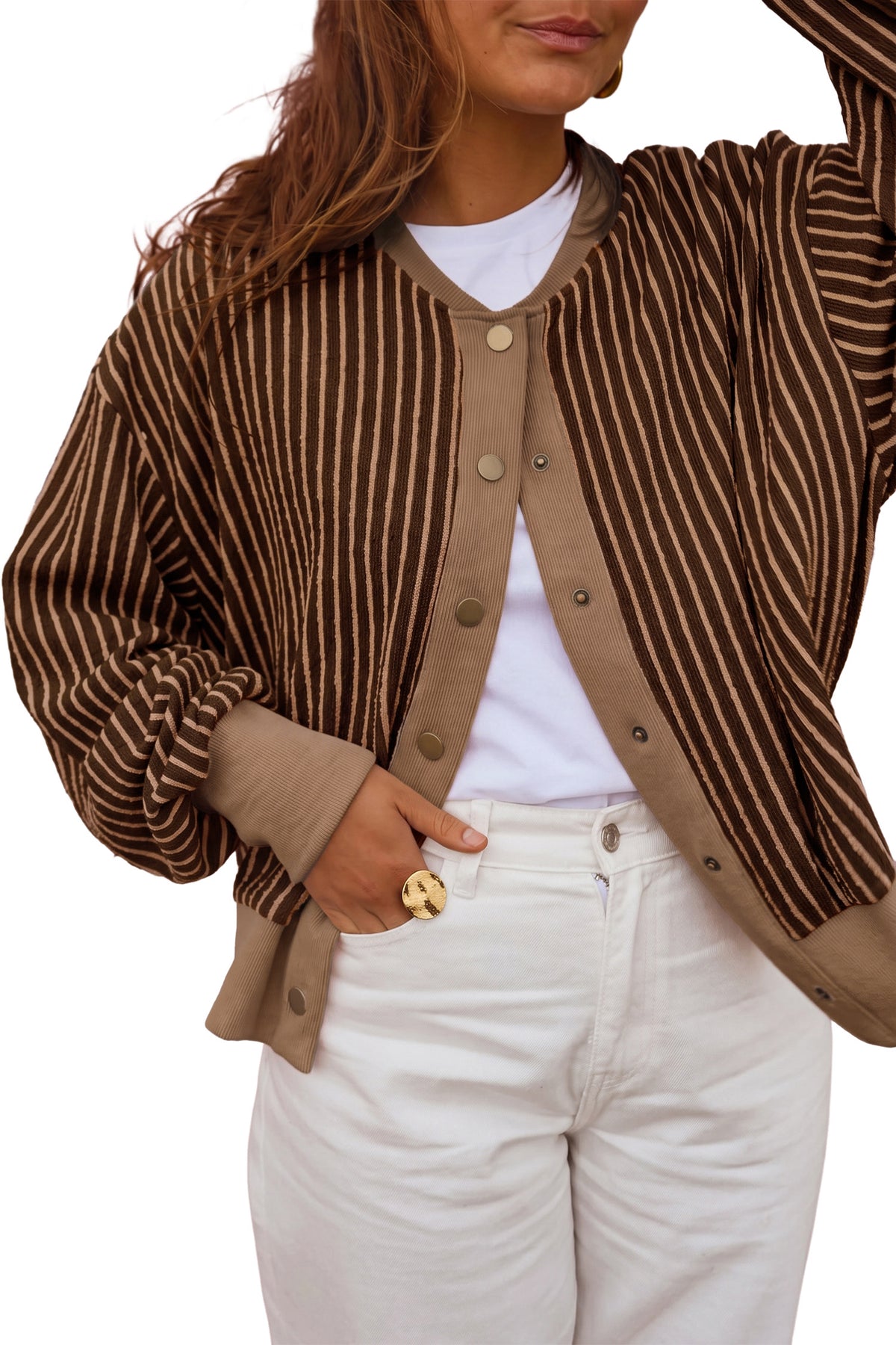 Green Stripe Striped V Neck Patchwork Long Sleeve Cardigan