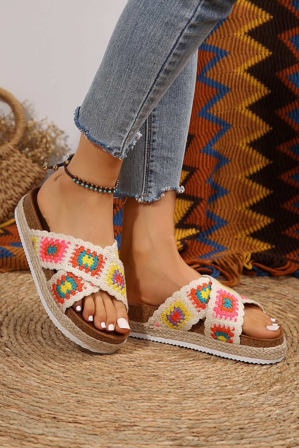 White Geometric Woven Crisscross Strap Platform Sandals