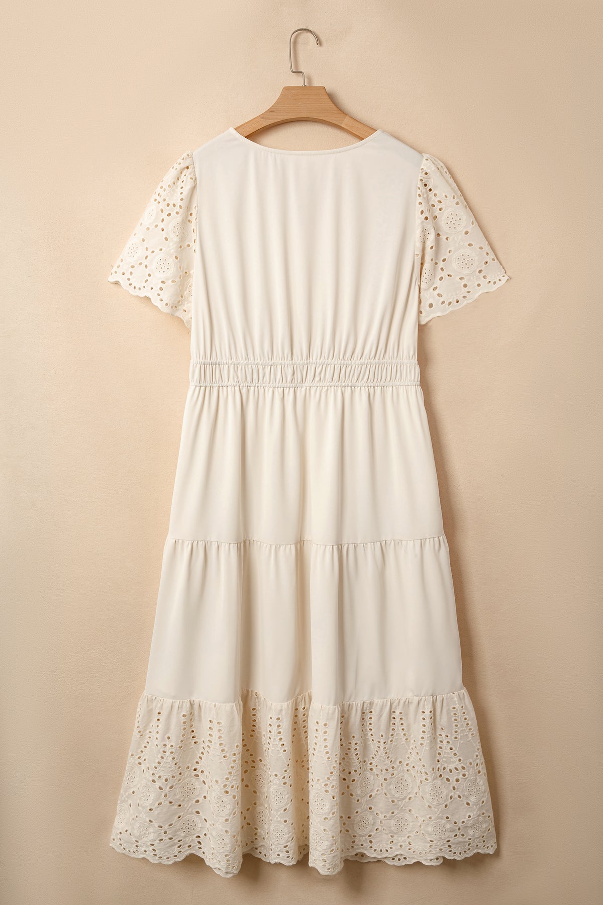 Apricot Plus Size V-Neck Lacy Embroidery Patchwork Short-Sleeve Maxi Dress