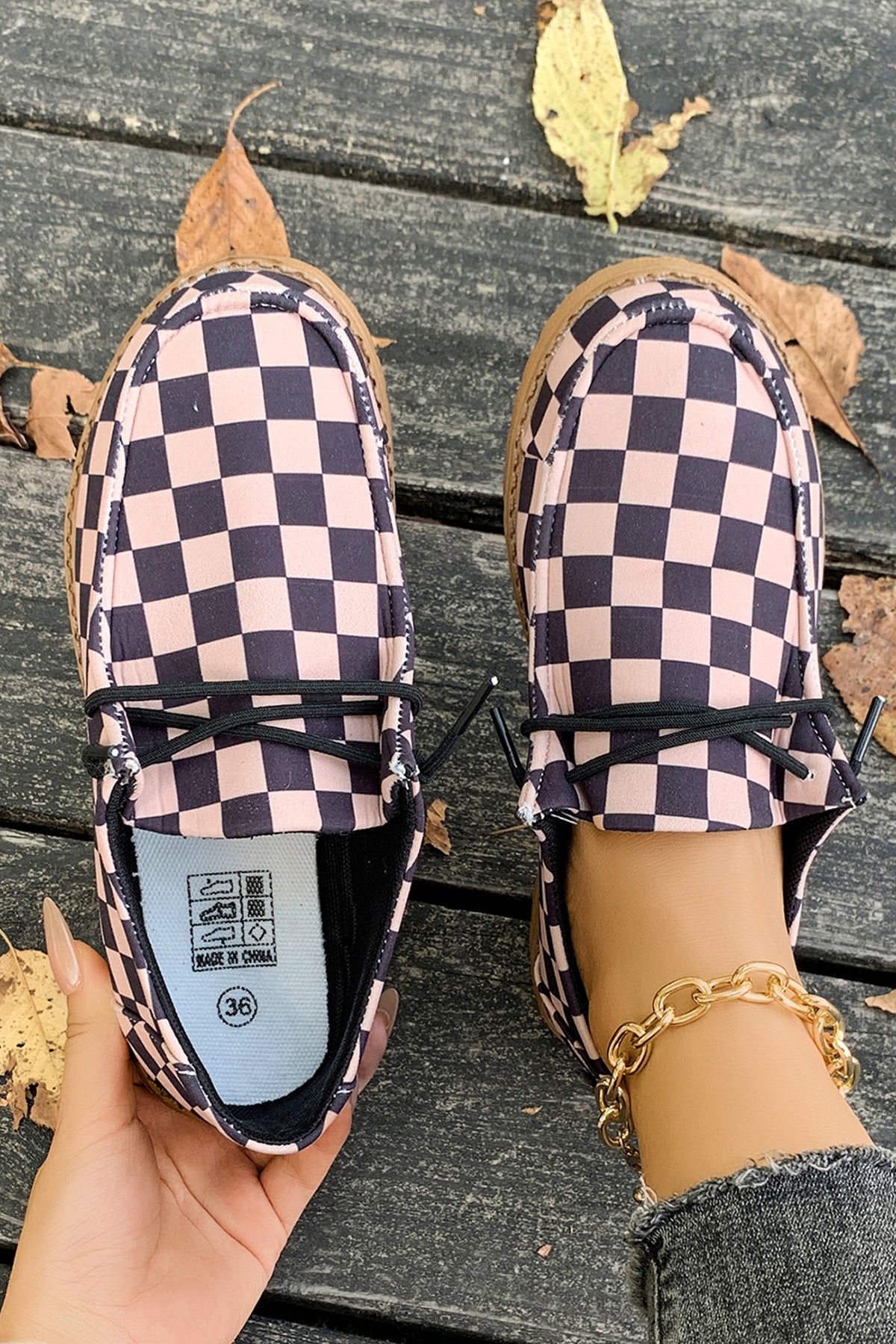 Dark Brown Checkered Print PU Leather Lace-Up Sneakers