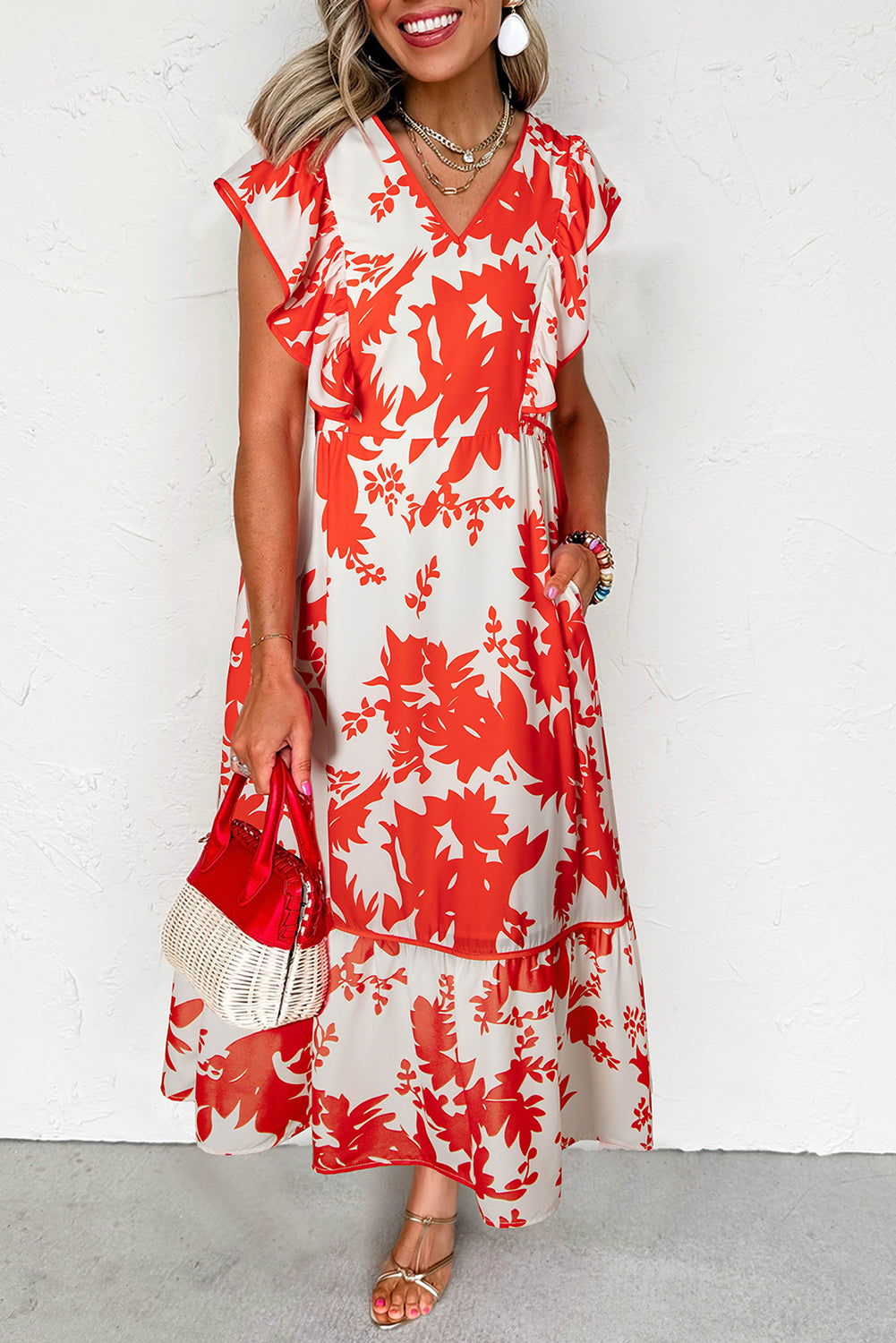 Red Floral Ruffle V-Neck Maxi Dress
