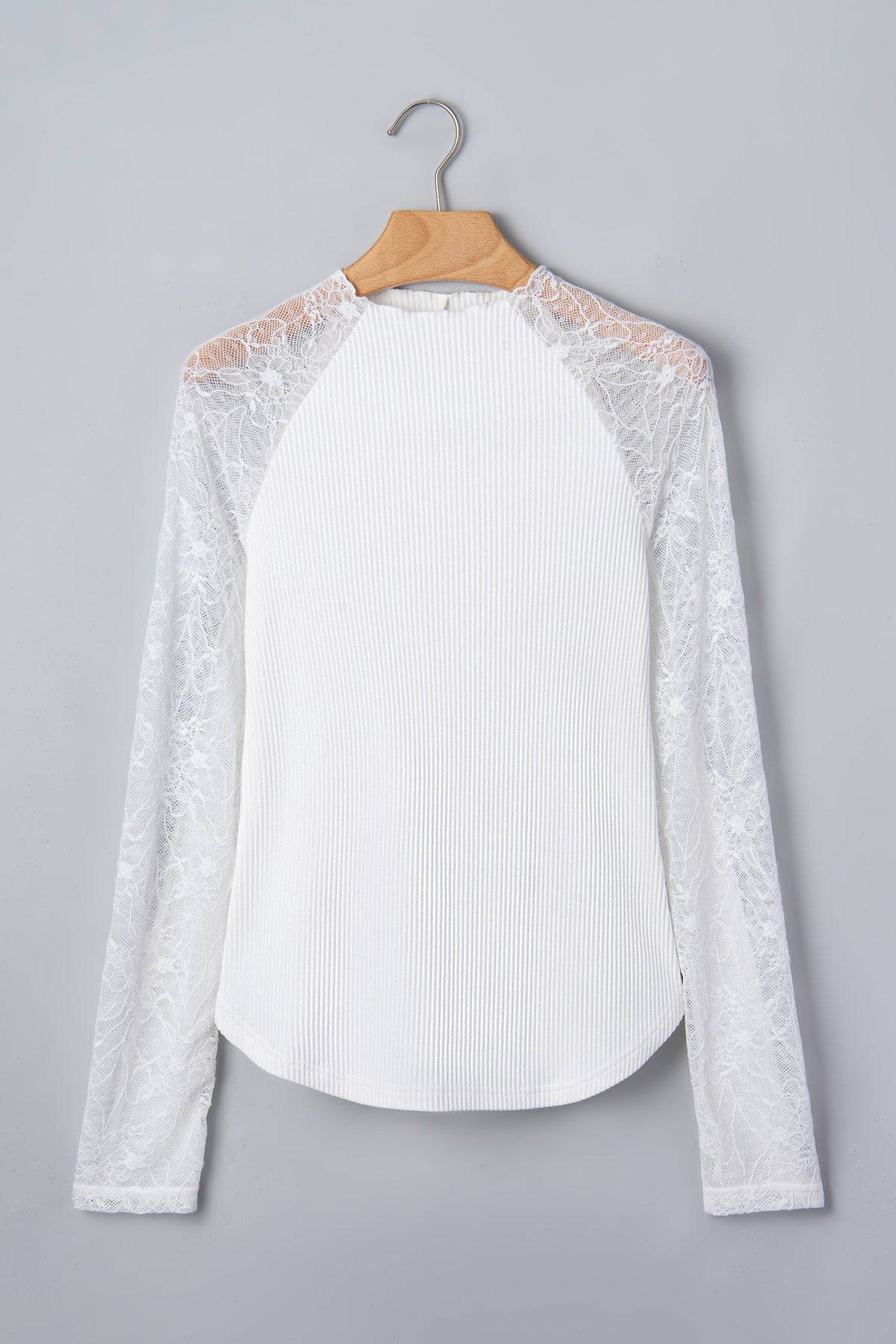 Beige Sheer Lace Sleeve Ribbed Slim Top