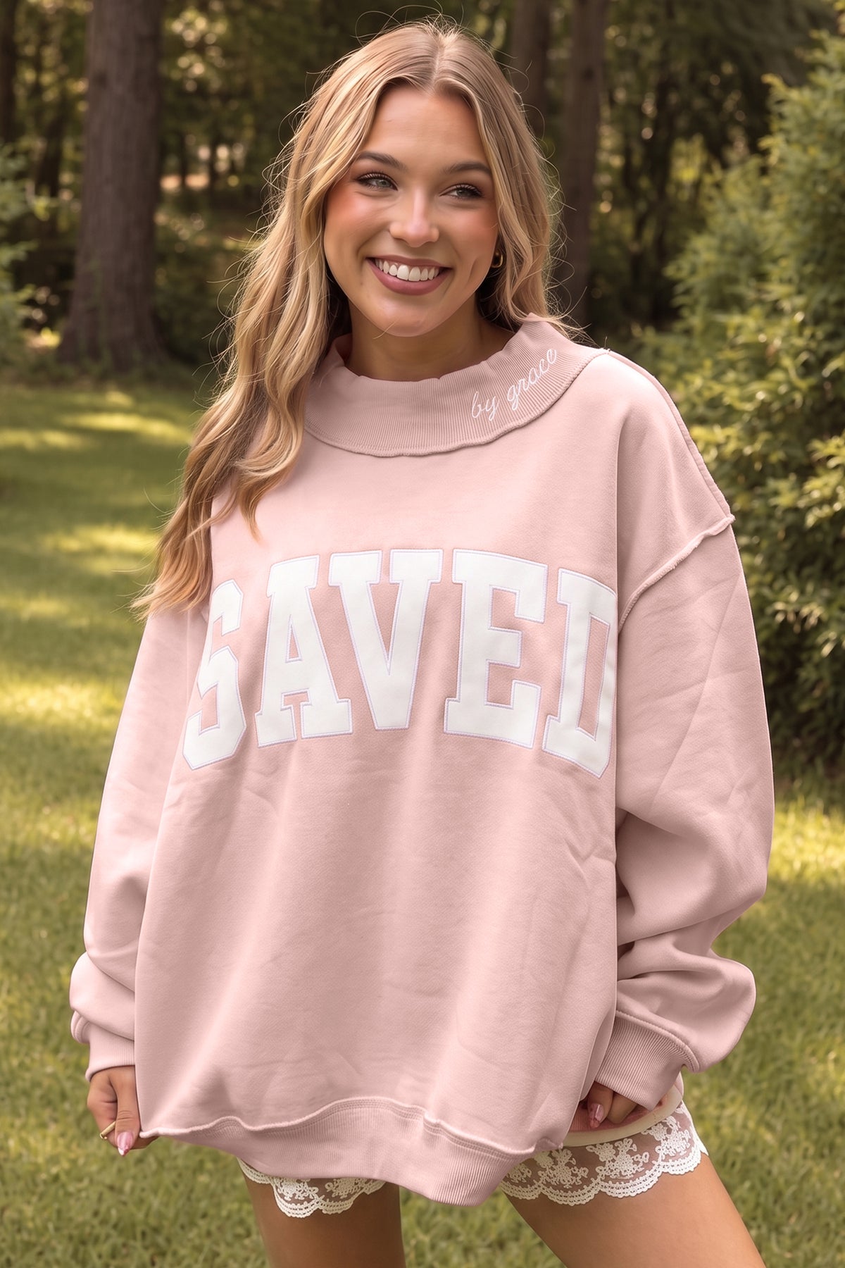 Pink Saved By Grace Embroidered High Neck Sweatshirt