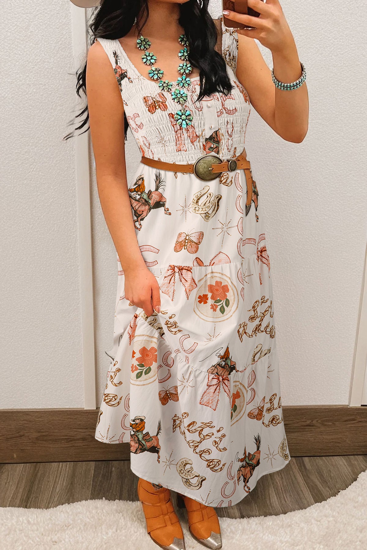 White Western Horseshoe Print U Neck Sleeveless Midi Dress