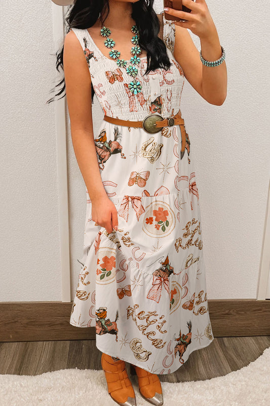 White Western Horseshoe Print U Neck Sleeveless Midi Dress