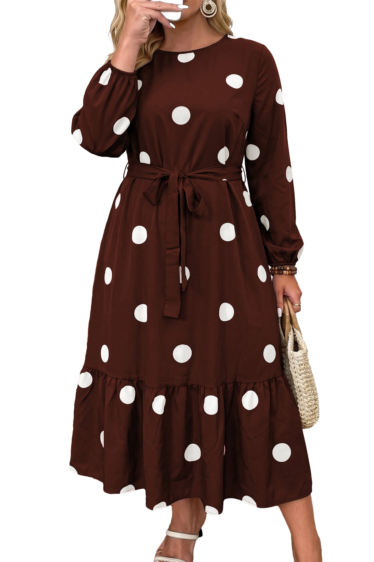 Brown Polka Dot Ruffled Hem Long-Sleeve Tie-Waist Plus Size Dress