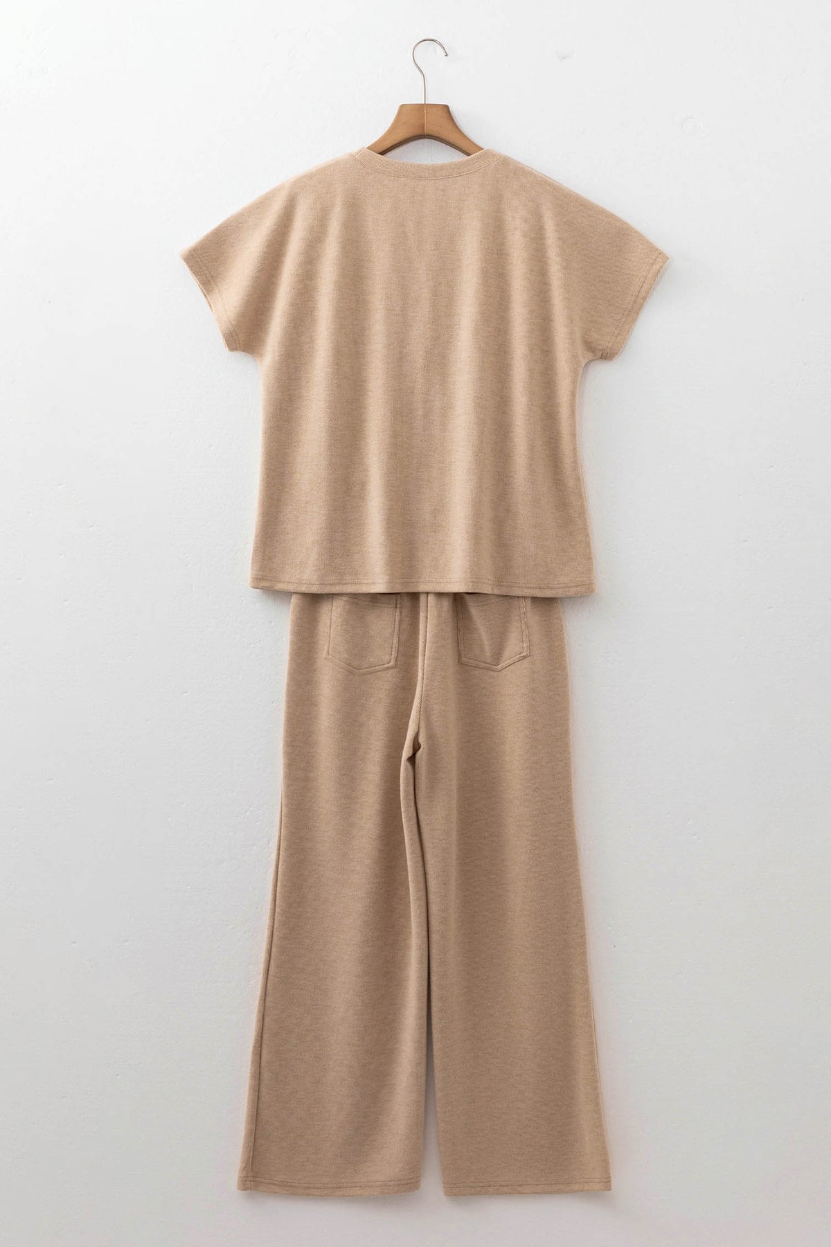 Women's Light French Beige Short-Sleeve Ribbed Top Casual Pants Two-Piece Set