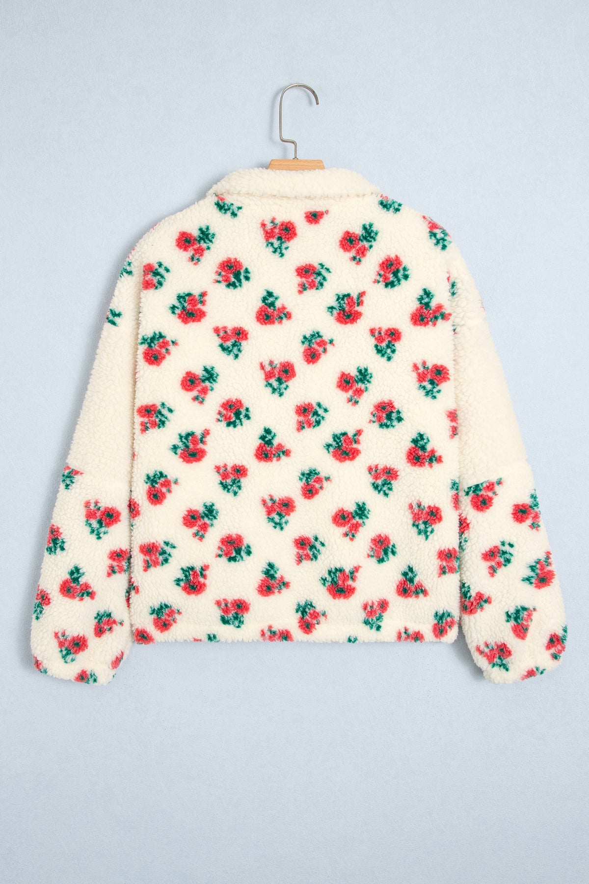 White Floral Fleece Contrast Trim Button Collar Sweatshirt