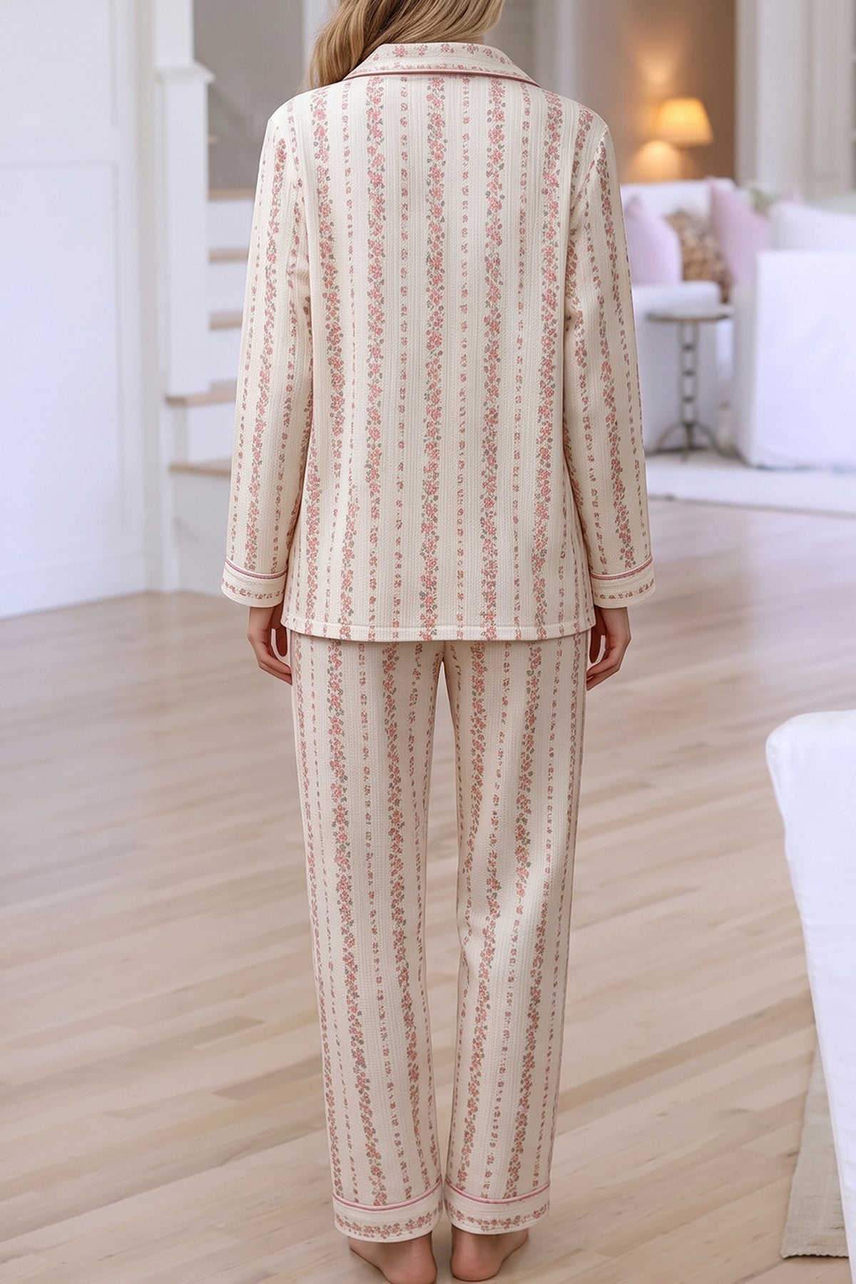 Pink Floral Print Long Sleeve Button Front Shirt Pajama Pants Set