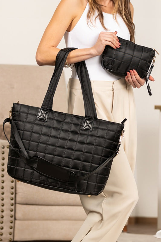 Black Quilted Patchwork Large Tote Bag and Clutch Set