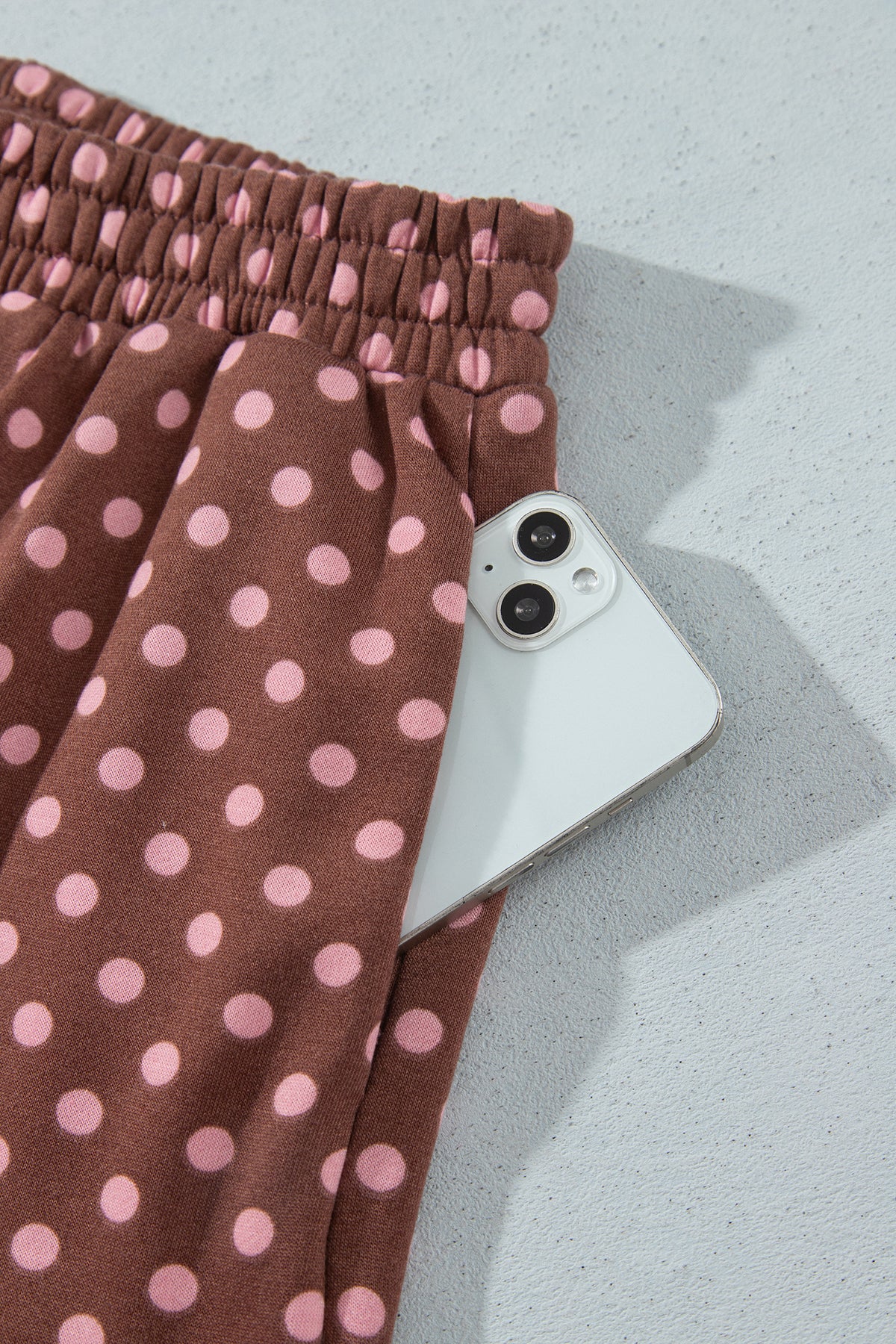 Brown Polka Dot Contrast Baggy Pullover and Elastic Waist Shorts Set