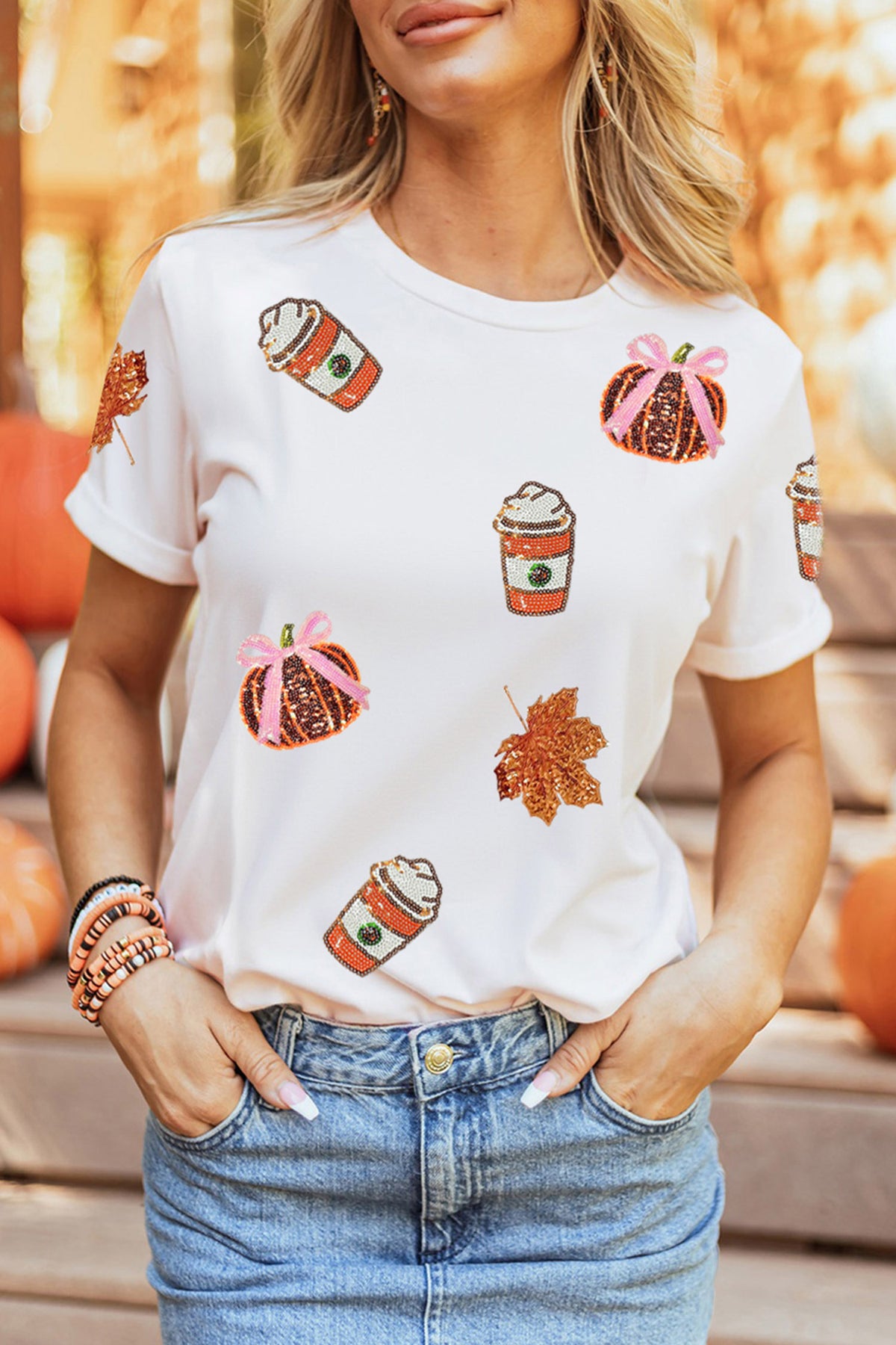 White Sequined Pumpkin Fall Graphic Casual Shift T-Shirt