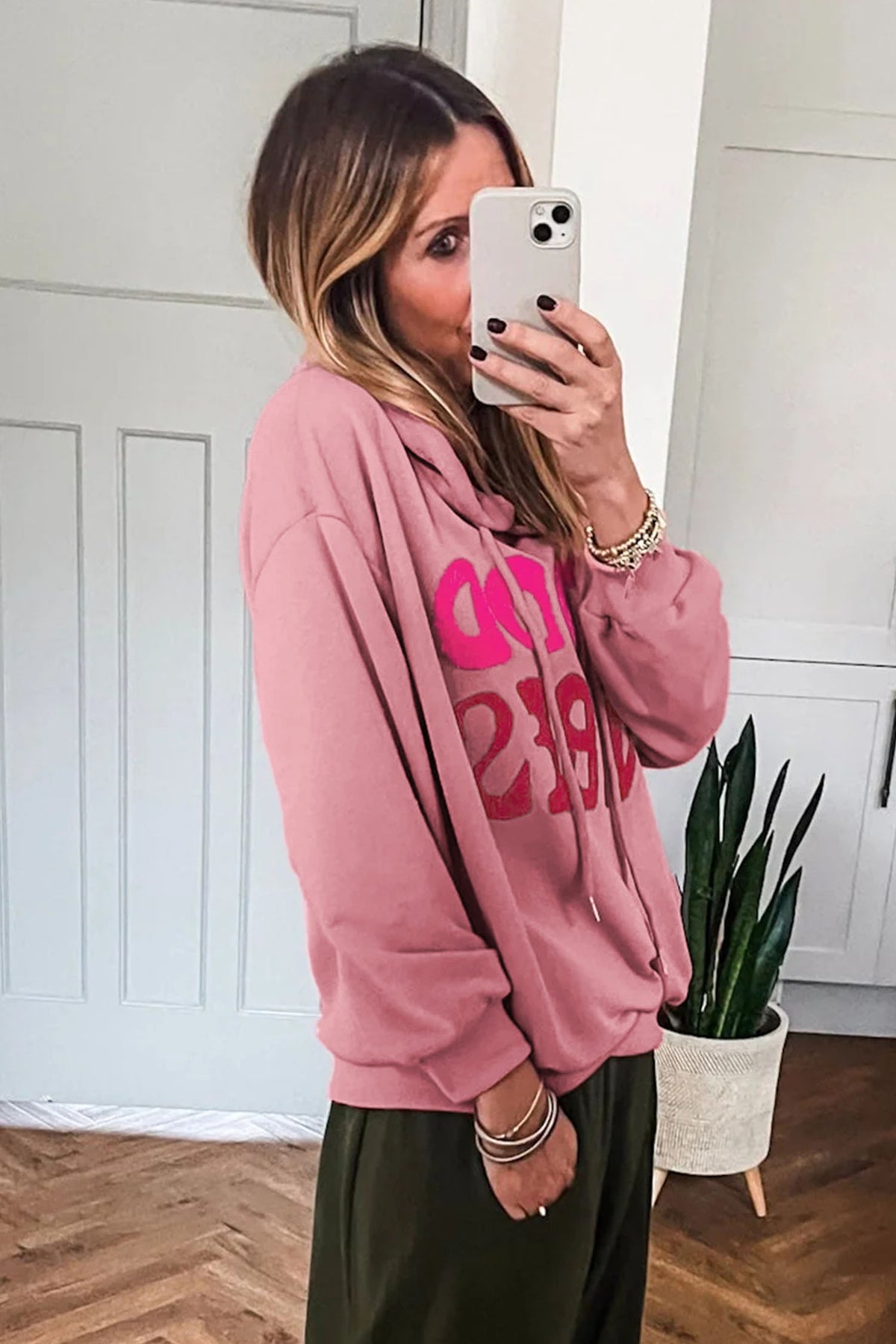 Gossamer Pink GOOD VIBES Chenille Graphic Hoodie