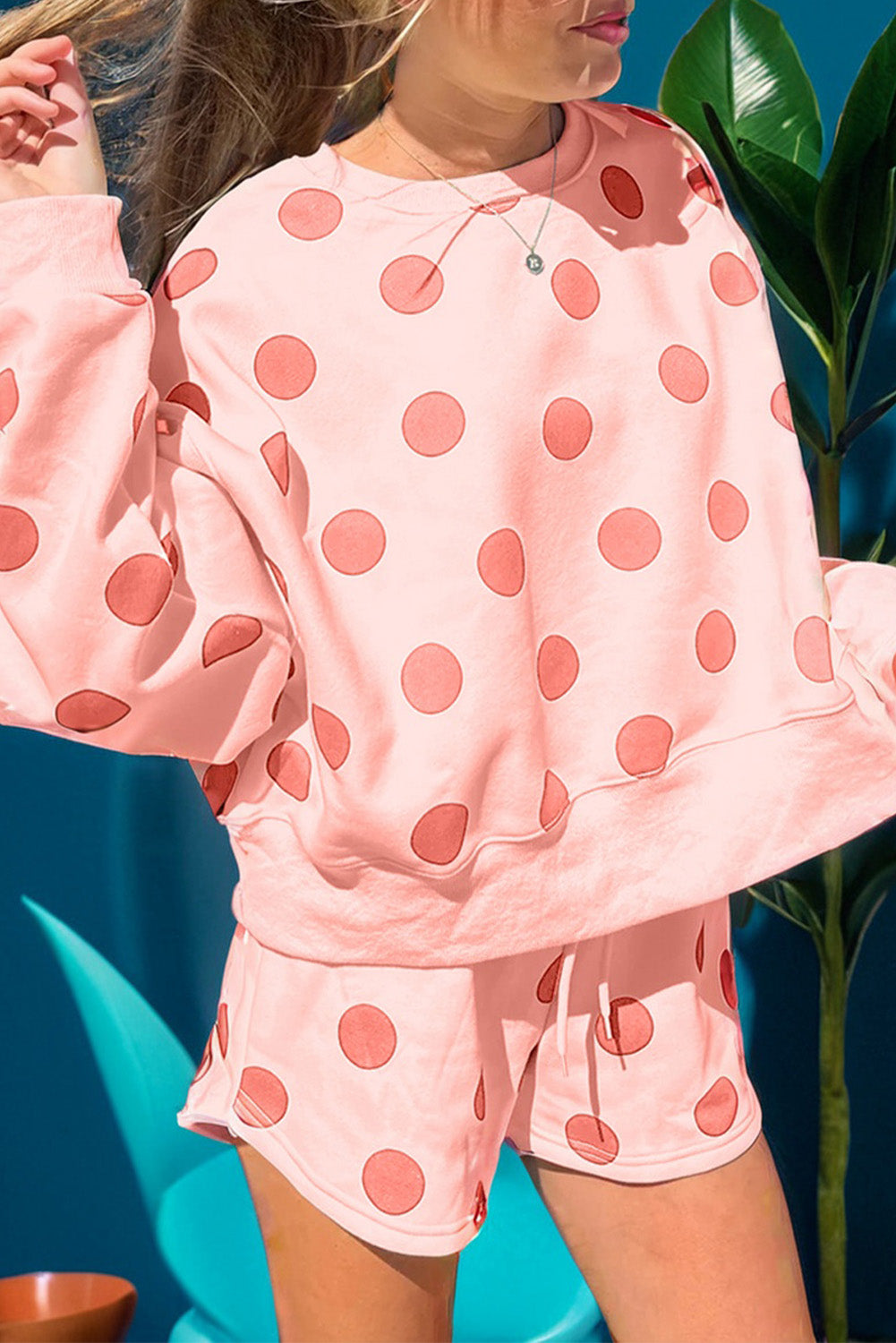 Women's Beige Polka Dot Print Drop Shoulder Pullover Drawstring Shorts Set