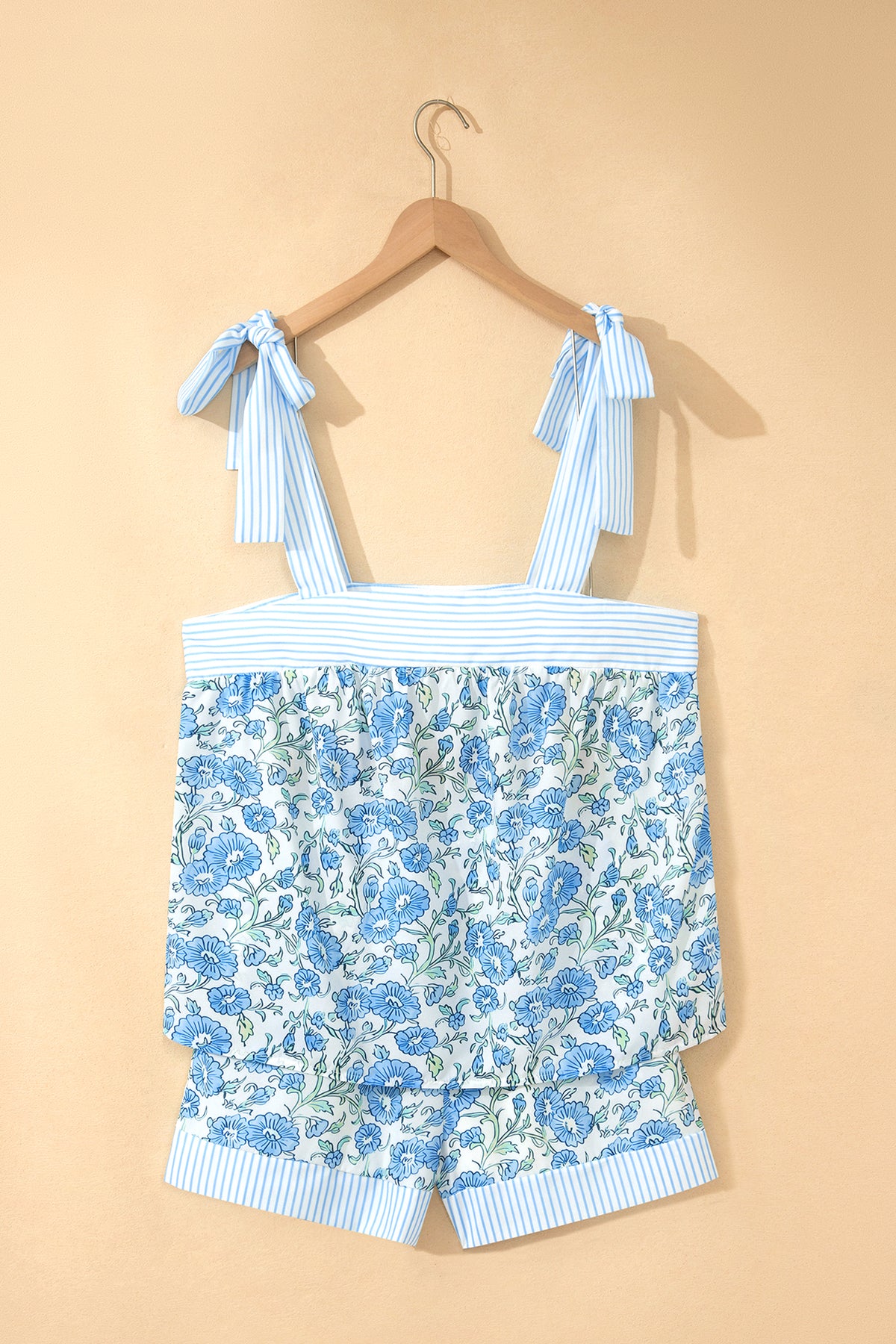 Women's Sky Blue Floral Striped Patchwork Knot Straps Two-Piece Shorts Two-Piece Set