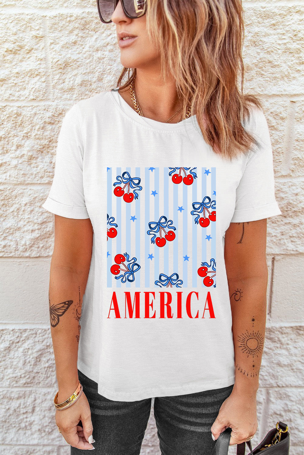 White Bow Cherry AMERICA Graphic Crewneck Patriotic T-Shirt