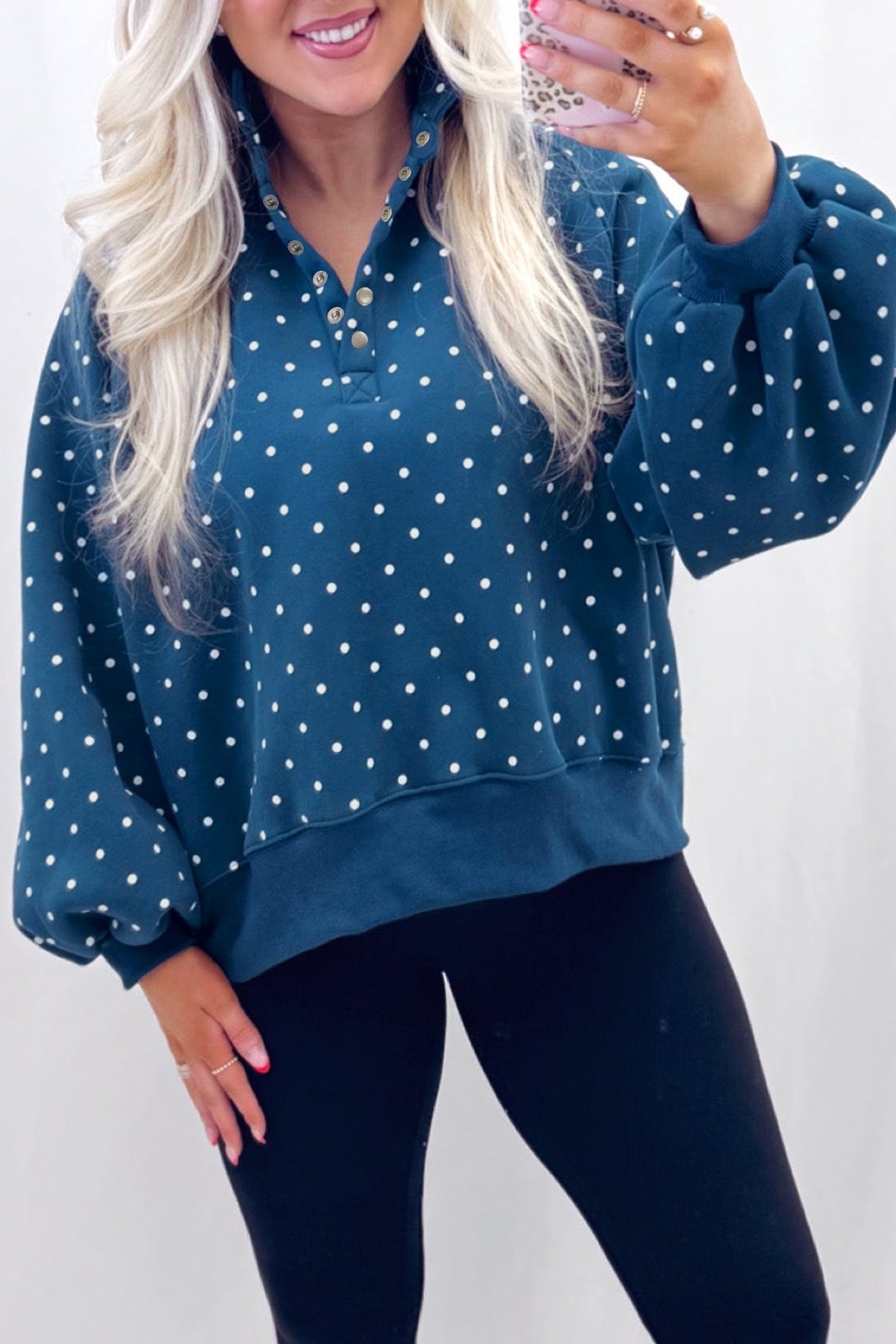 Black Polka Dot Print Metal Button Collar Sweatshirt
