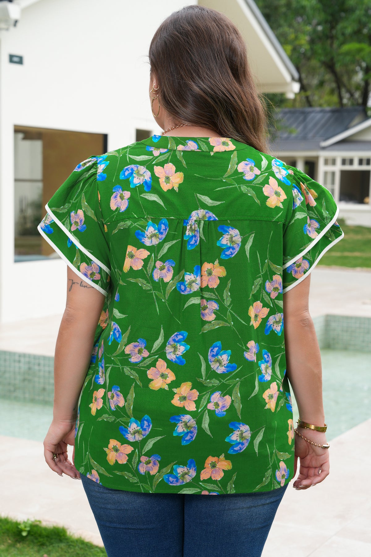 Green Plus Size Ruffled Short-Sleeve Floral Top