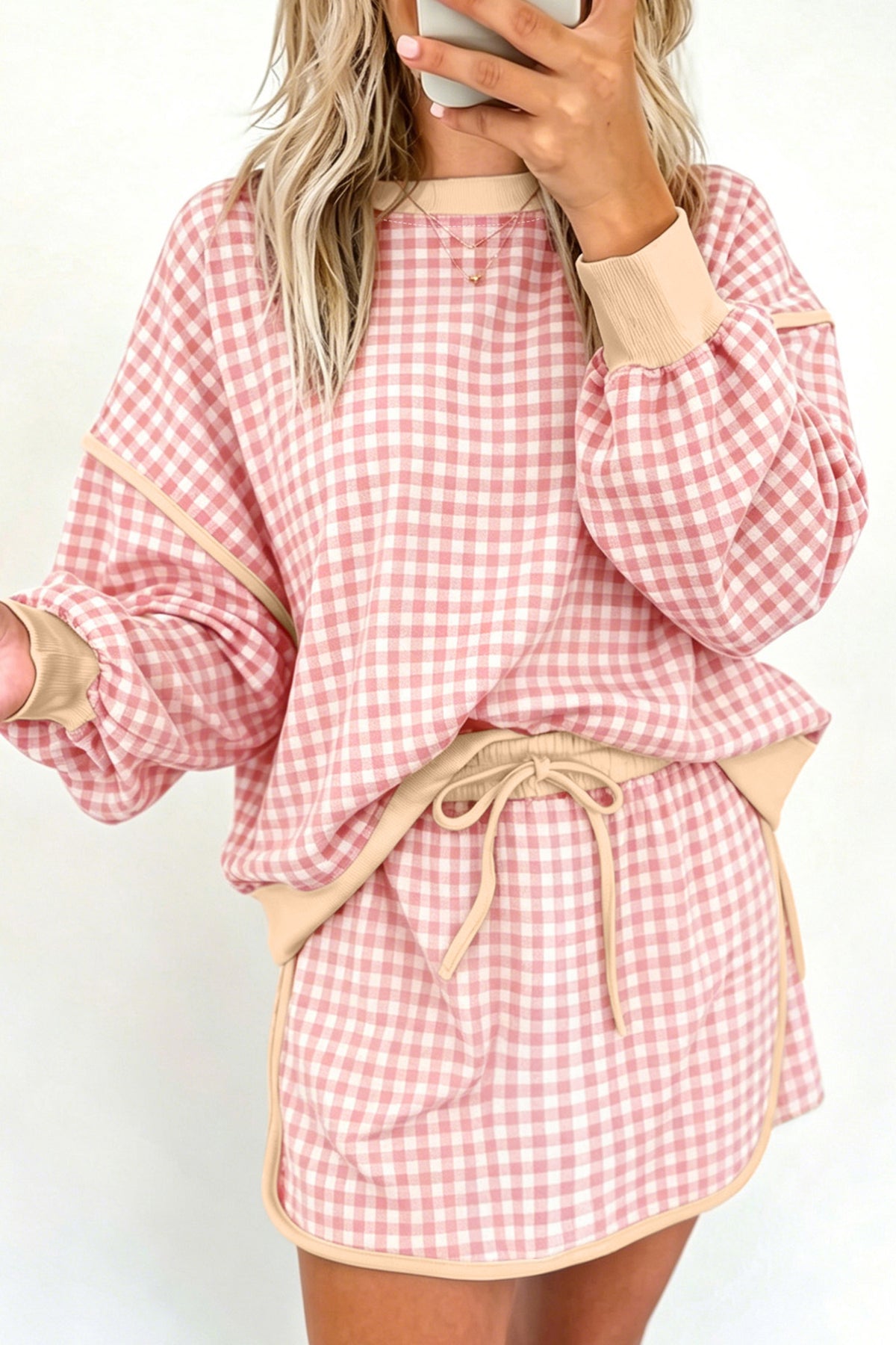 Brown Gingham Oversized Ribbed Crew Neck Long Sleeve Top and Skort Set