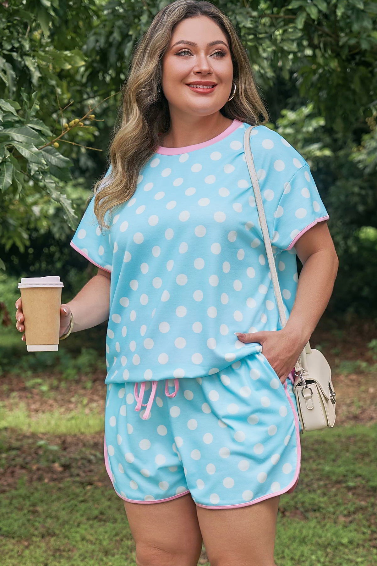 Sky Blue Polka Dot Print Color-Block Trim Plus Size 2pcs Shorts Set