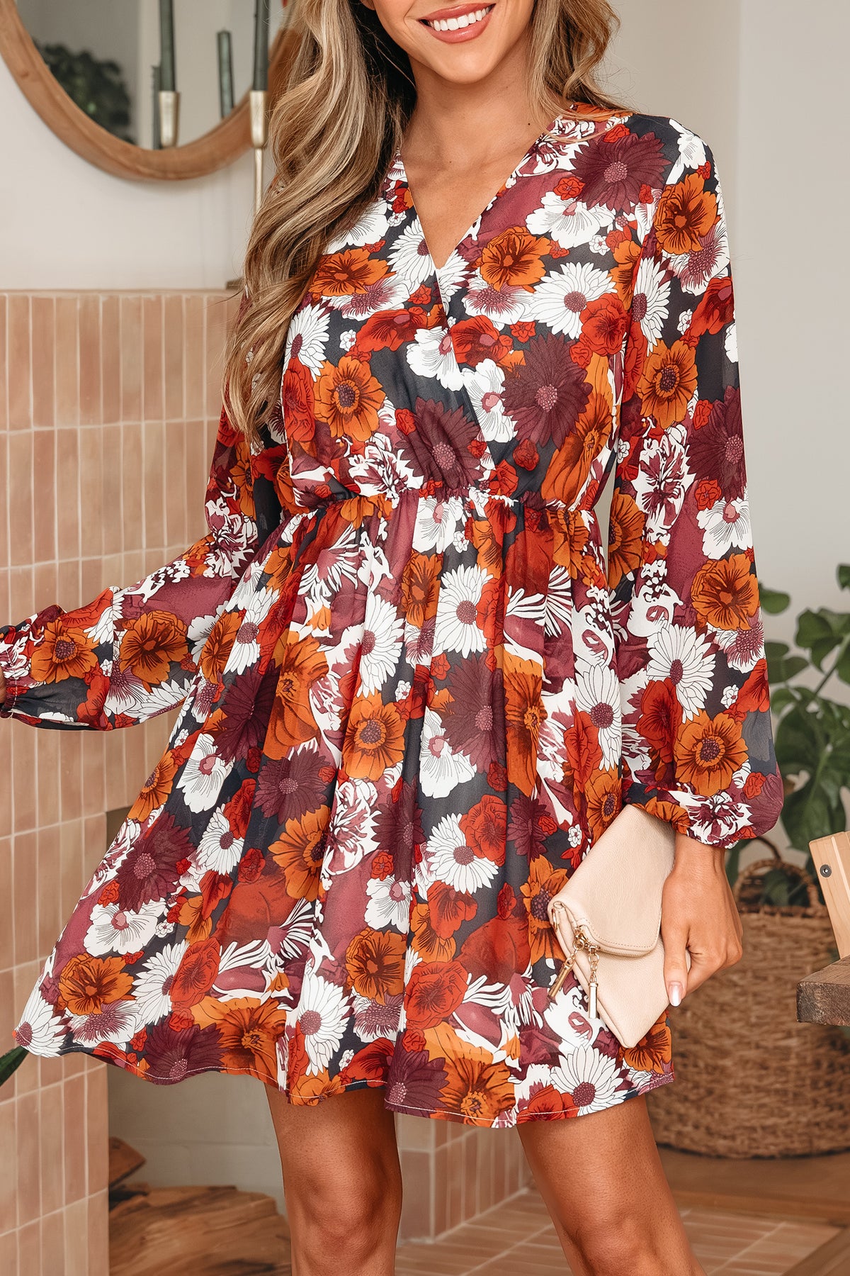 Red Floral Print Wrap V Neck Puff Sleeve Flowy Mini Dress