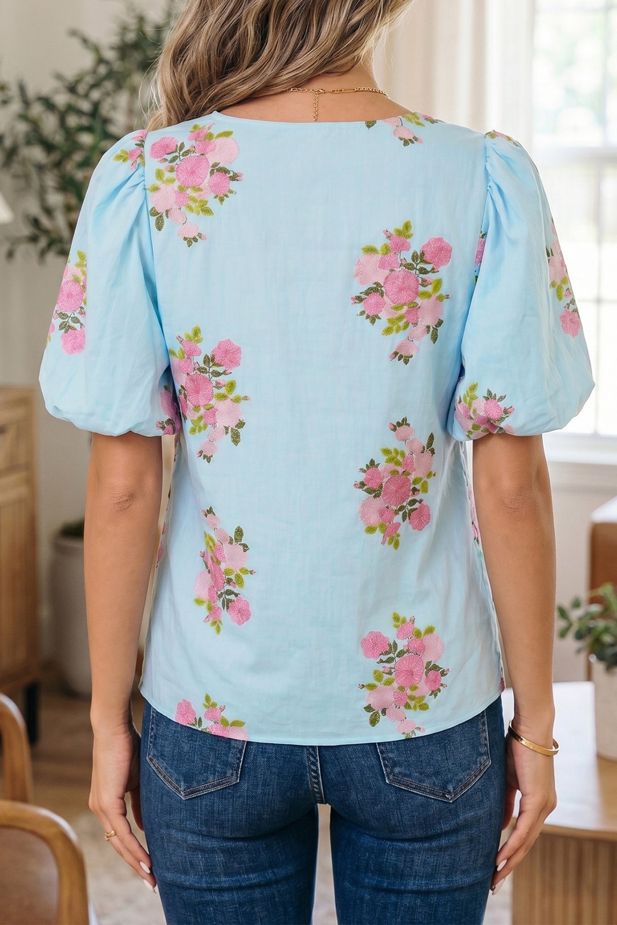 Sky Blue Floral Contrast Ricrac Detail Bubble Sleeve Blouse