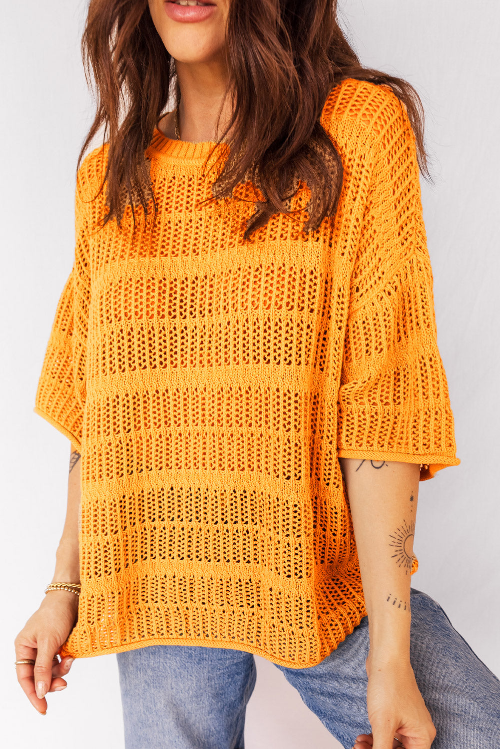 Mustard Hollow out Openwork Knit 3/4 Sleeve Sweater