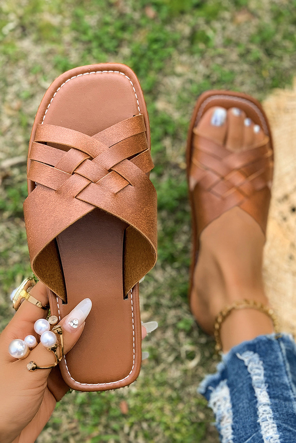 Coffee Crossed Woven Faux Leather Flat Fashion Sandals