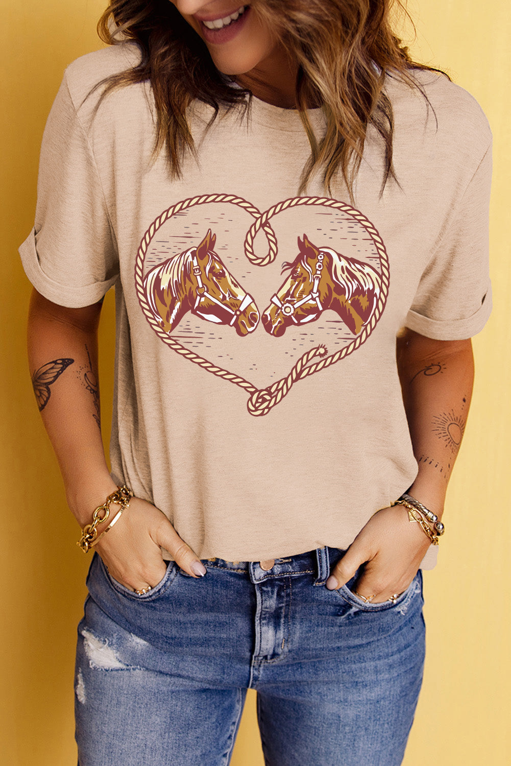 Khaki Rodeo Horse Graphic Western Cowgirl Fashion T-Shirt