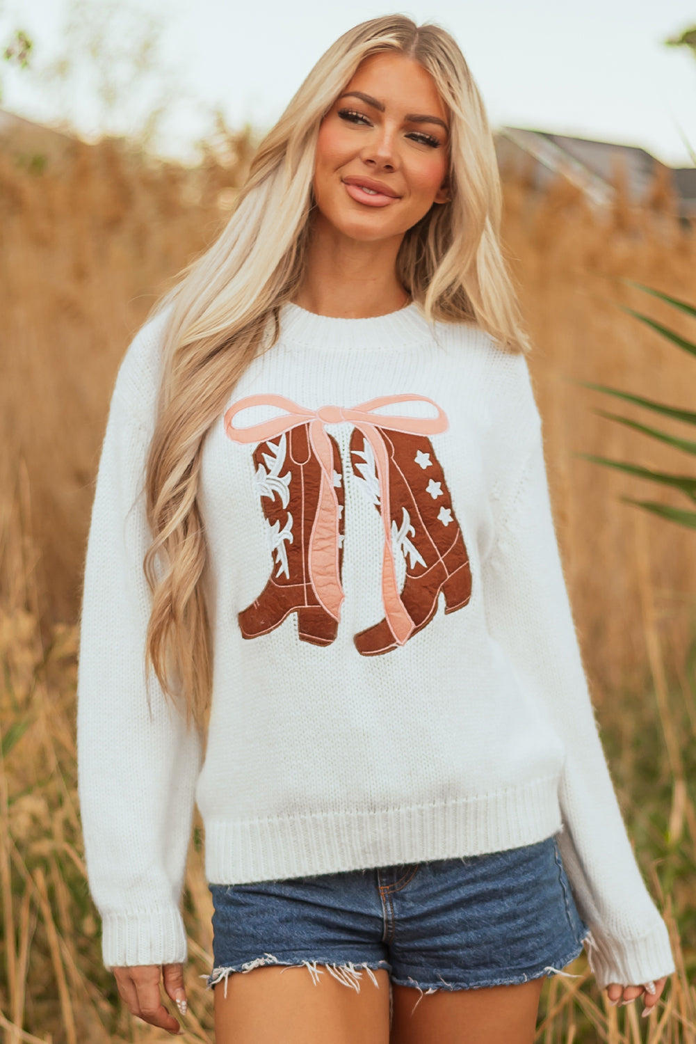 White Embroidered Bow Boots Graphic Drop Shoulder Sweater
