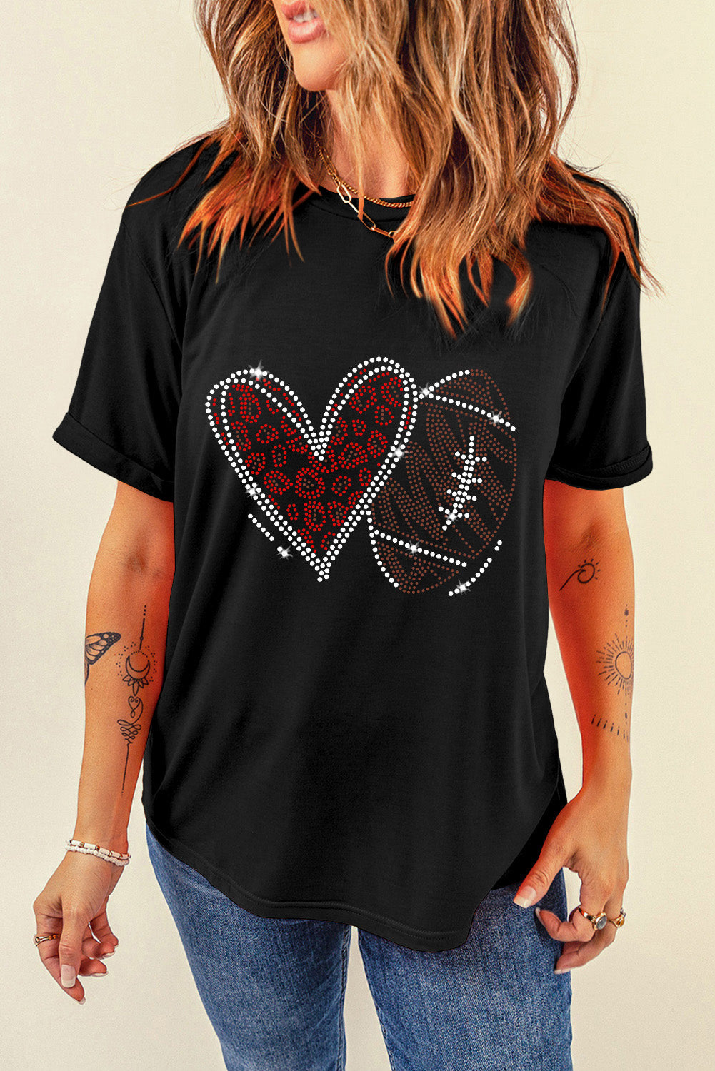 Black Rhinestone Rugby Football Heart Shape Graphic T-Shirt