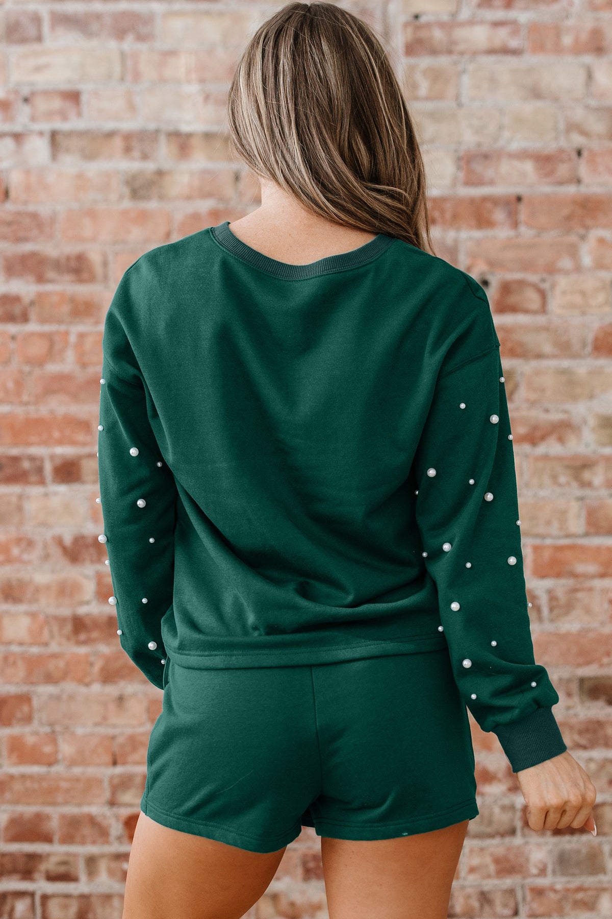 Dark Green Pearl Embellished Drop Shoulder Pullover Elastic Waist Mini Skort Set