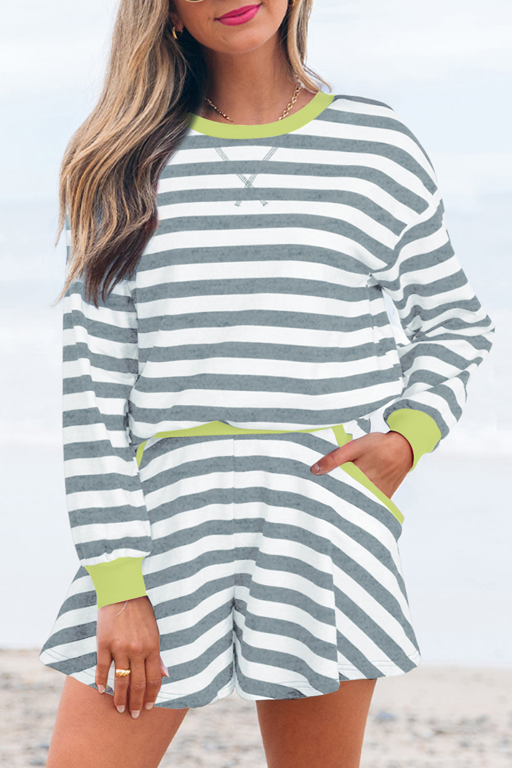 Women's Gray Stripe Contrast Ribbed Banding Long-Sleeve Blouse Shorts Set