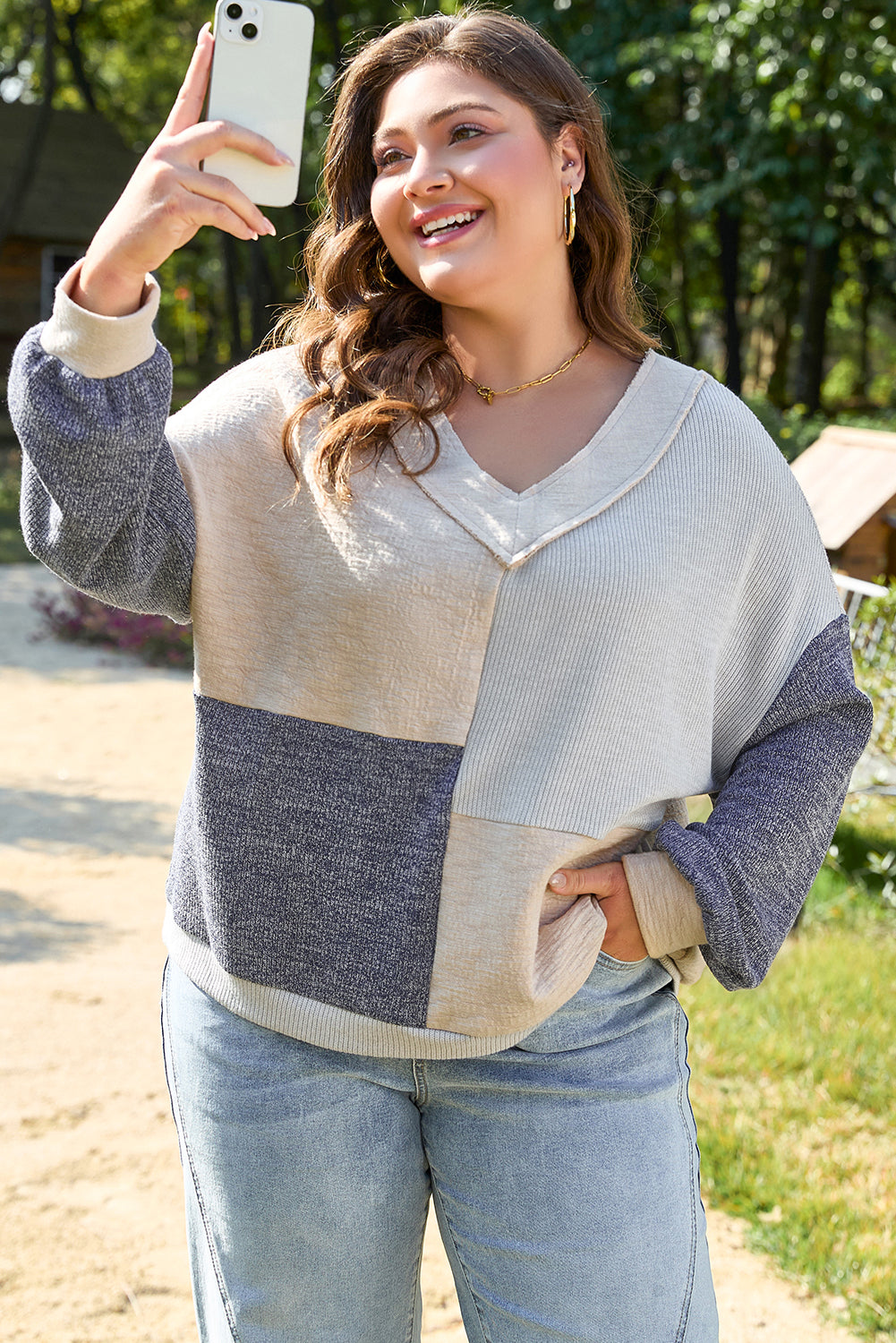 Ashleigh Blue Plus Size Textured Color-Block Patchwork V-Neck Top