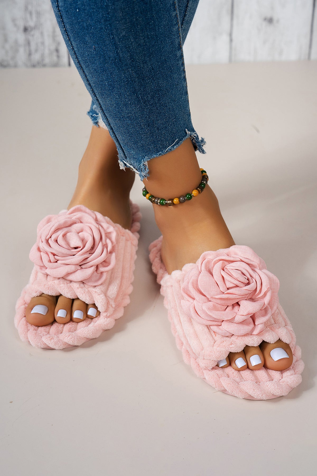 Pink 3D Flower Accent Corded Ribbed Open-Toe Sandals
