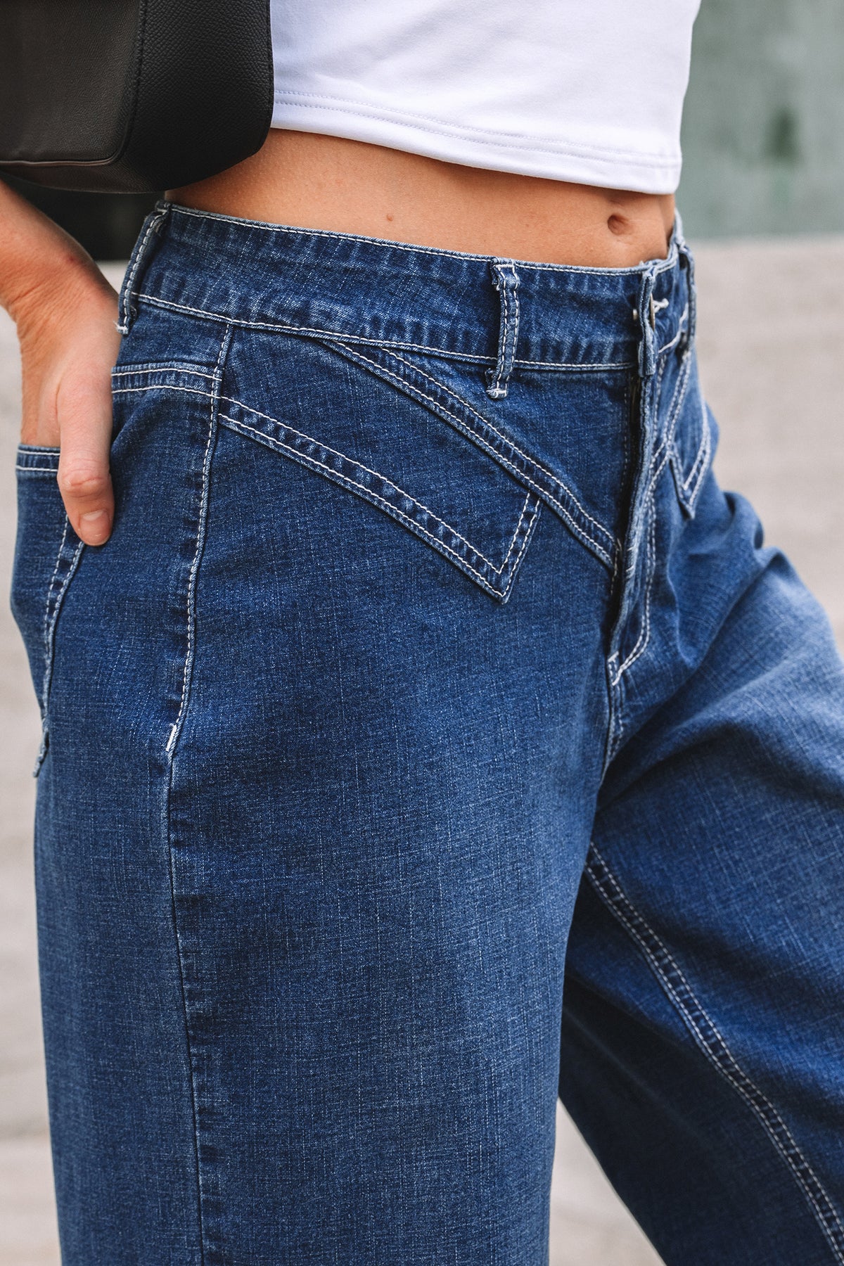 Sail Blue Stitched Waist Loose Cuffed Jeans